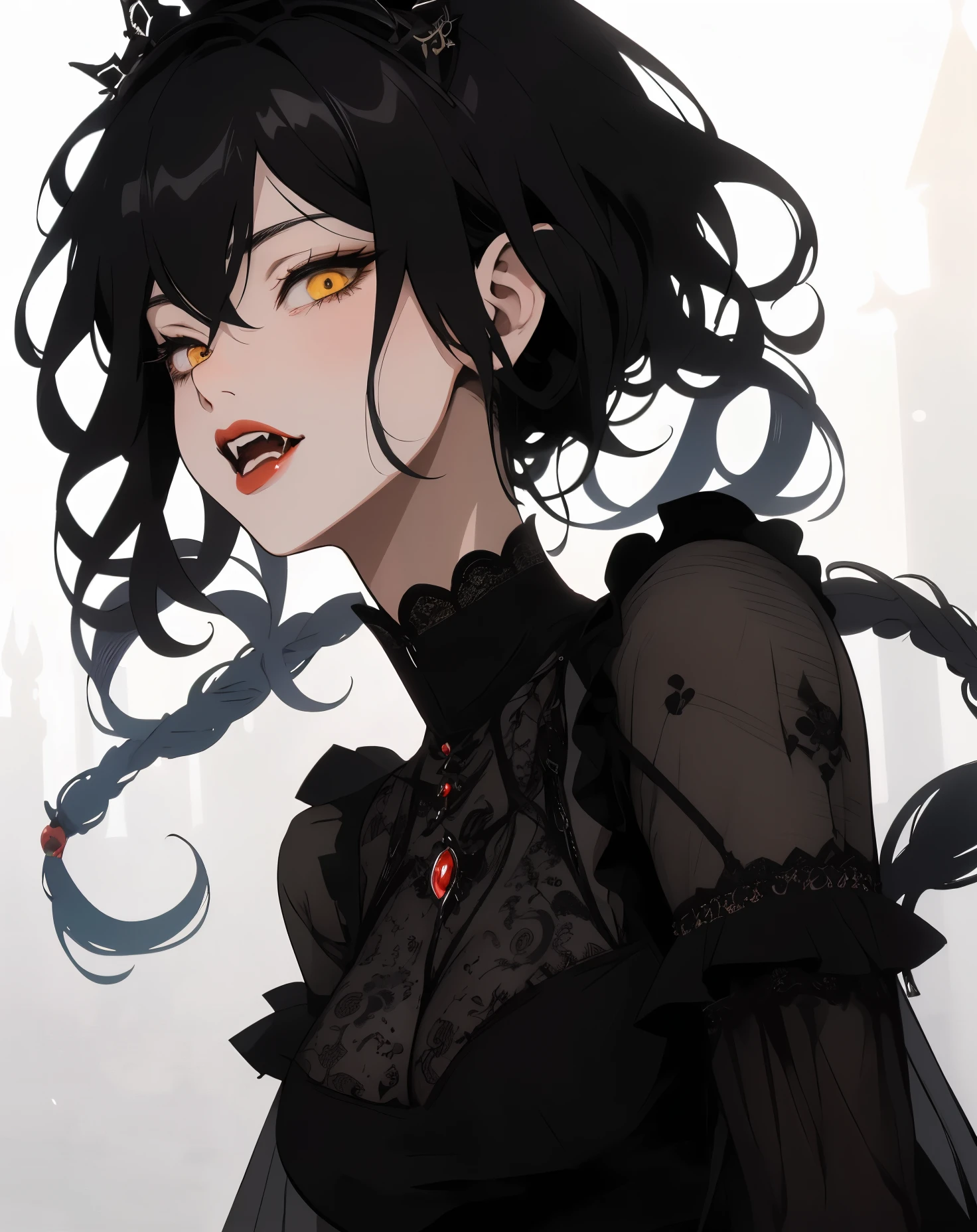 Adult girl, inspired by Okumura Masanobu, dressed in a black frilly dress ((ragged)), highly detailed exquisite fanart, inspired by Yukihiko Yasuda, delicate androgynous prince, beautiful androgynous prince, inspired by Yamagata Hiro, inspired by amano, pixiv style, short wavy black hair, red lips, yellow eyes, fangs 