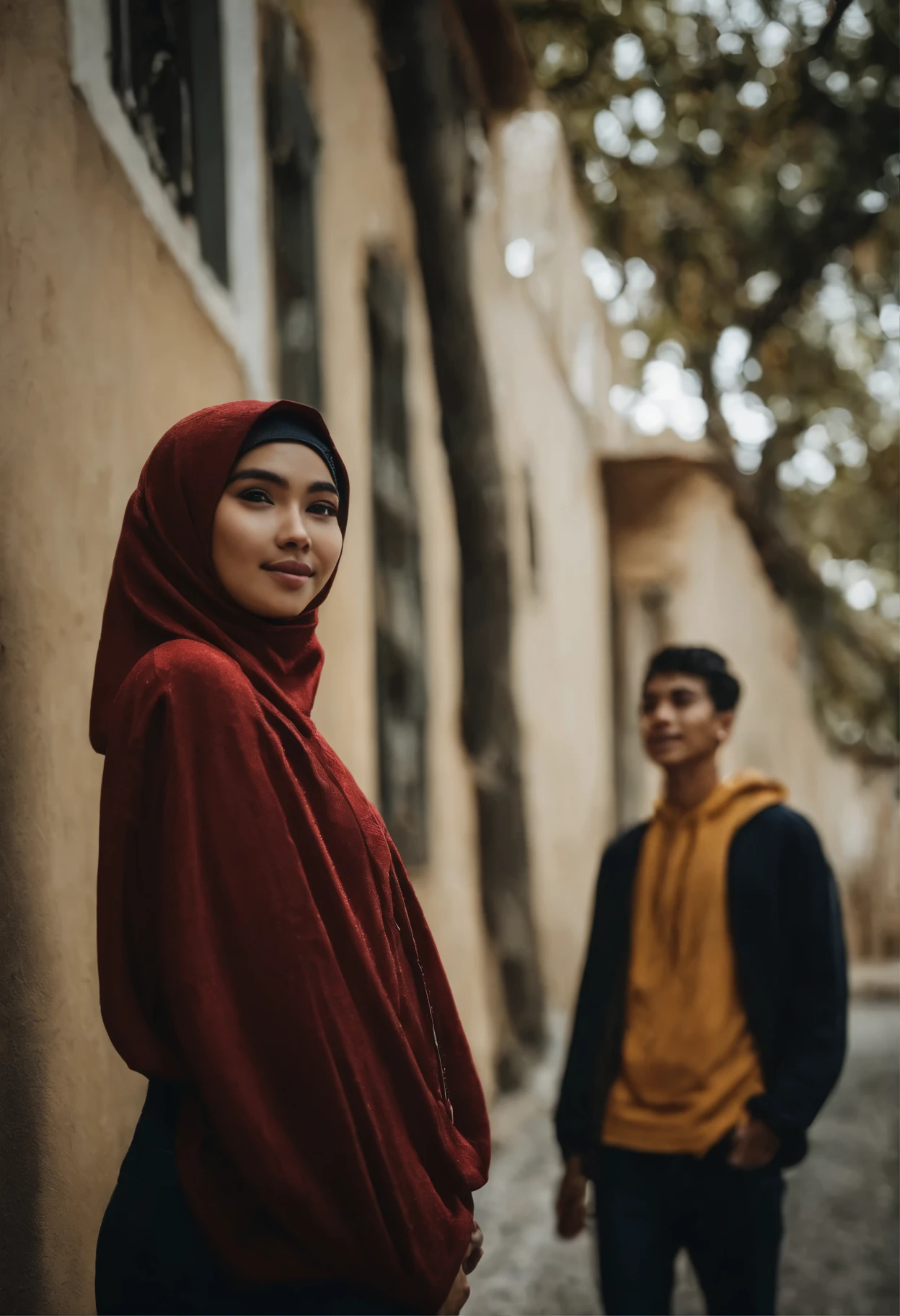 Ayonima selfie photo of a couple from Indonesia, 19 year old man, neat two block bangs, clean skin, full body, wearing a dark blue hoodie, jeans, black shoes and 19 year old Sundanese woman, clean skin, white triangular hijab, clothes White robe, standing next to a dark yellow textured wall, intricate details, 8k, real human, photography, Leica camera