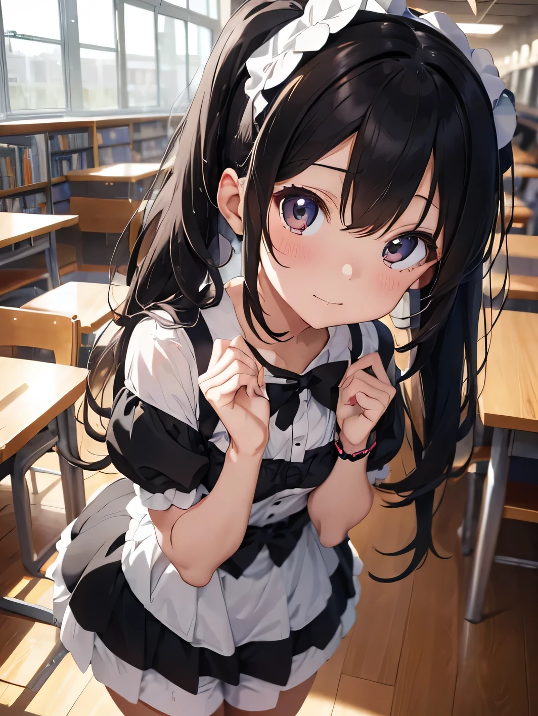 Anime girl wearing white clothes，black braids, There is a black bow on the chest, Wearing a white bunny ear headband, Anime cute art style, Anime visual of a cute girl, Stand in the library, Cute anime waifu wearing nice clothes, lolita in skirt, official artwork,  beauty , Standing in the flower field, pretty anime girl, Smooth anime CG art, beautiful sunflower anime girl, wave, black eyes