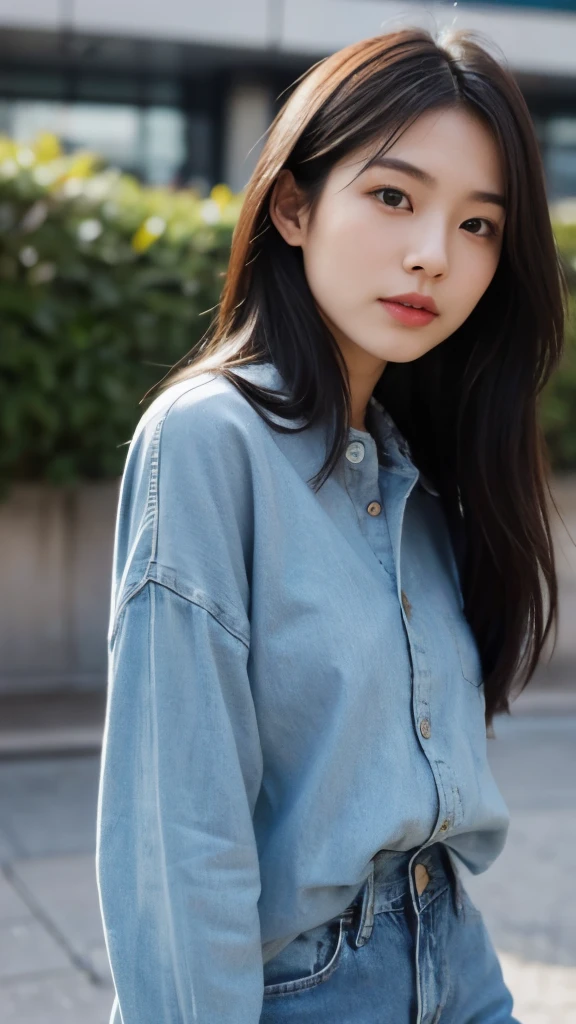 Generate a high-resolution, realistic image of a 22-year-old Japanese female, upper body, looking into the camera. She should have a youthful complexion, soft features, and long, straight hair. She wears casual yet fashionable attire, likely a comfortable sweater and denim jeans, with subtle accessories that suggest a student lifestyle.
