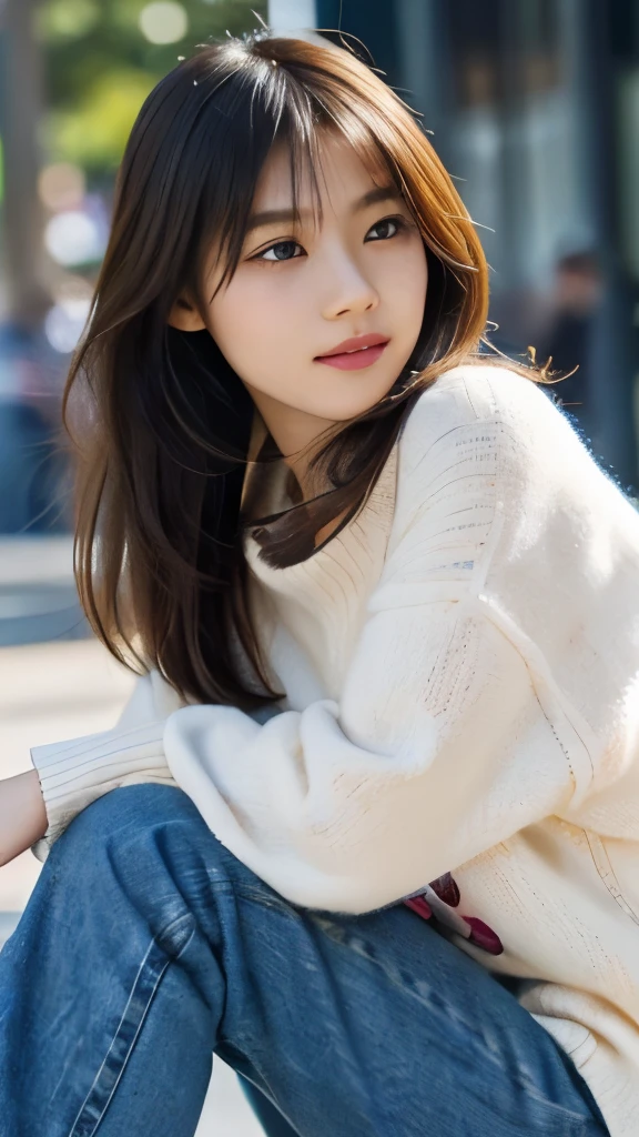 Generate a high-resolution, realistic image of a 22-year-old Japanese female, upper body, looking into the camera. She should have a youthful complexion, soft features, and long, straight hair. She wears casual yet fashionable attire, likely a comfortable sweater and denim jeans, with subtle accessories that suggest a student lifestyle.