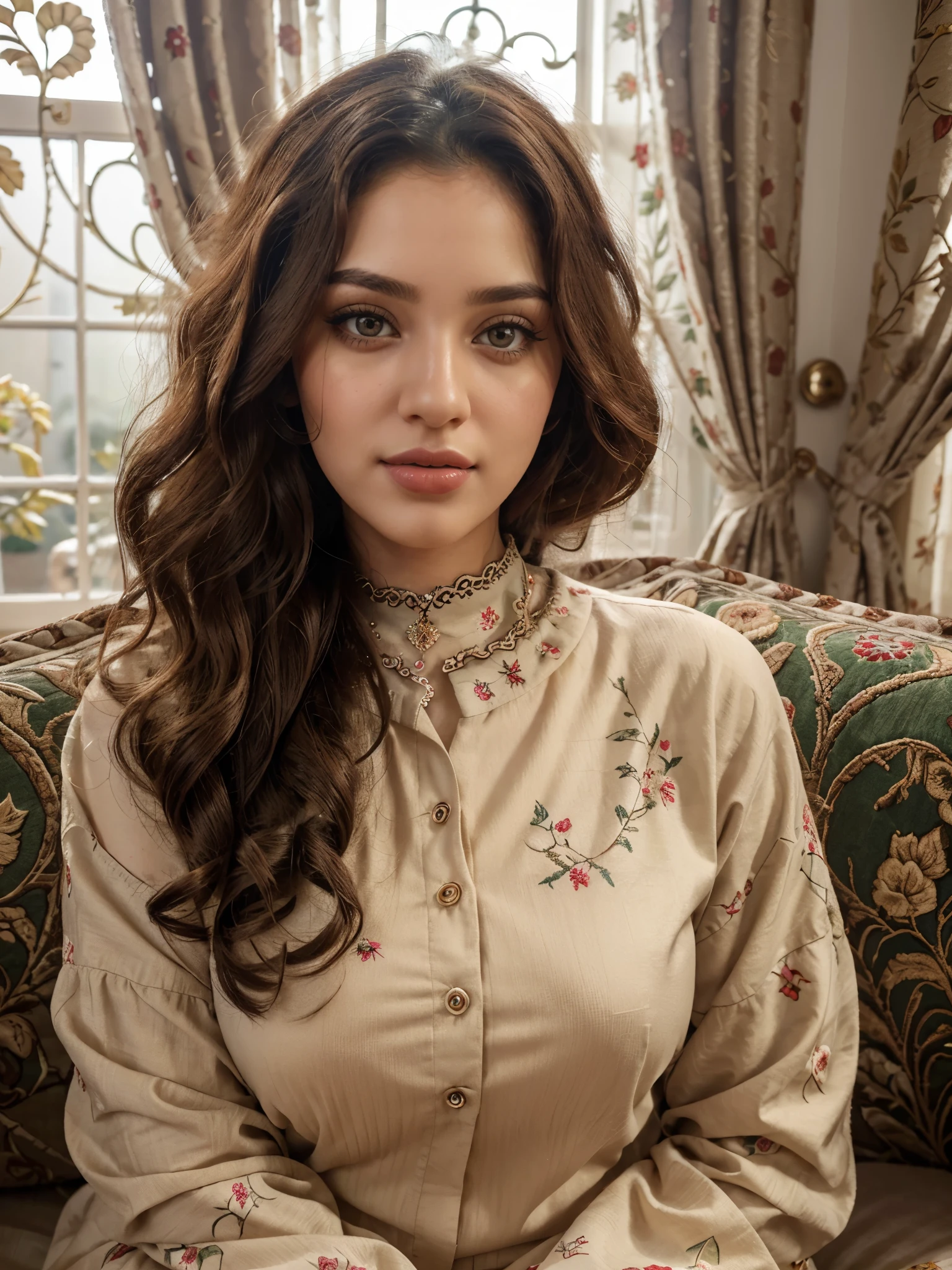 beautiful detailed eyes,beautiful detailed lips,extremely detailed eyes and face,longeyelashes,1girl,cute,red lips,curly hair,18 years old girl,iraqi hijabi,natural lighting,cozy living room,soft colors,comfortable sofa,floral patterned curtains,vibrant carpet,window overlooking a tranquil garden