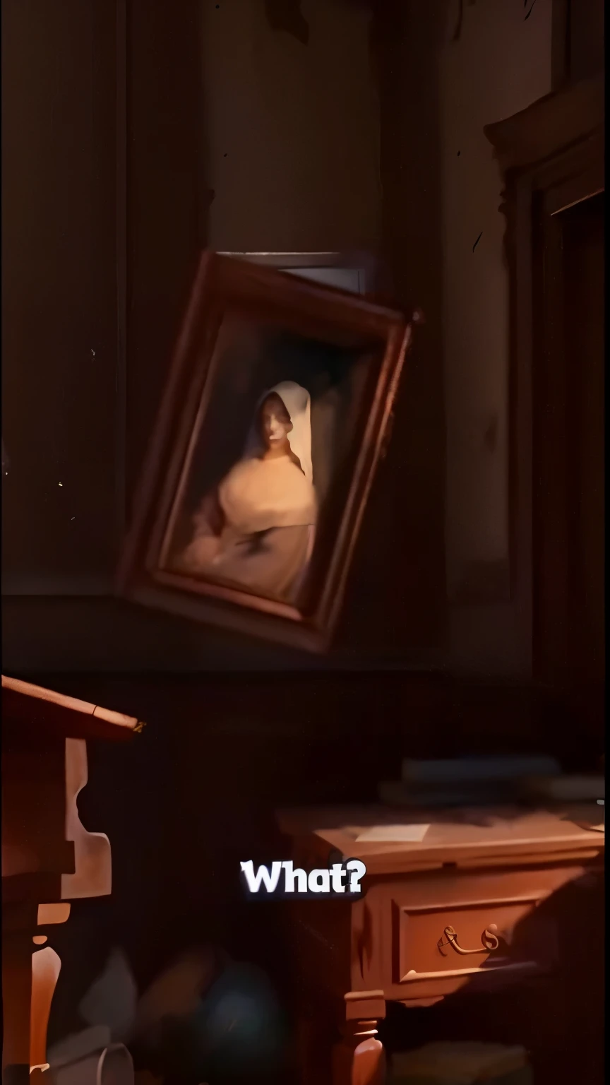 A picture of a woman in a mirror hangs on the wall, Frames in Pixar, Cursed painting, Haunted painting, stylised, Vermeer paintings, an epic painting, Masterpiece portrait, Inspired by Francisco Hayez, , an epic painting of an artist, stylised, vermeer lighting, epic painting, tilt frame