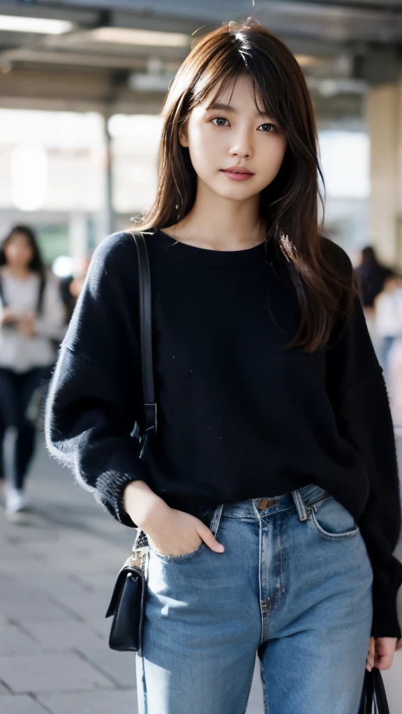 Generate a high-resolution, realistic image of a 22-year-old Japanese female, upper body, looking into the camera. She should have a youthful complexion, soft features, and long, straight hair. She wears casual yet fashionable attire, likely a comfortable sweater and denim jeans, with subtle accessories that suggest a student lifestyle.