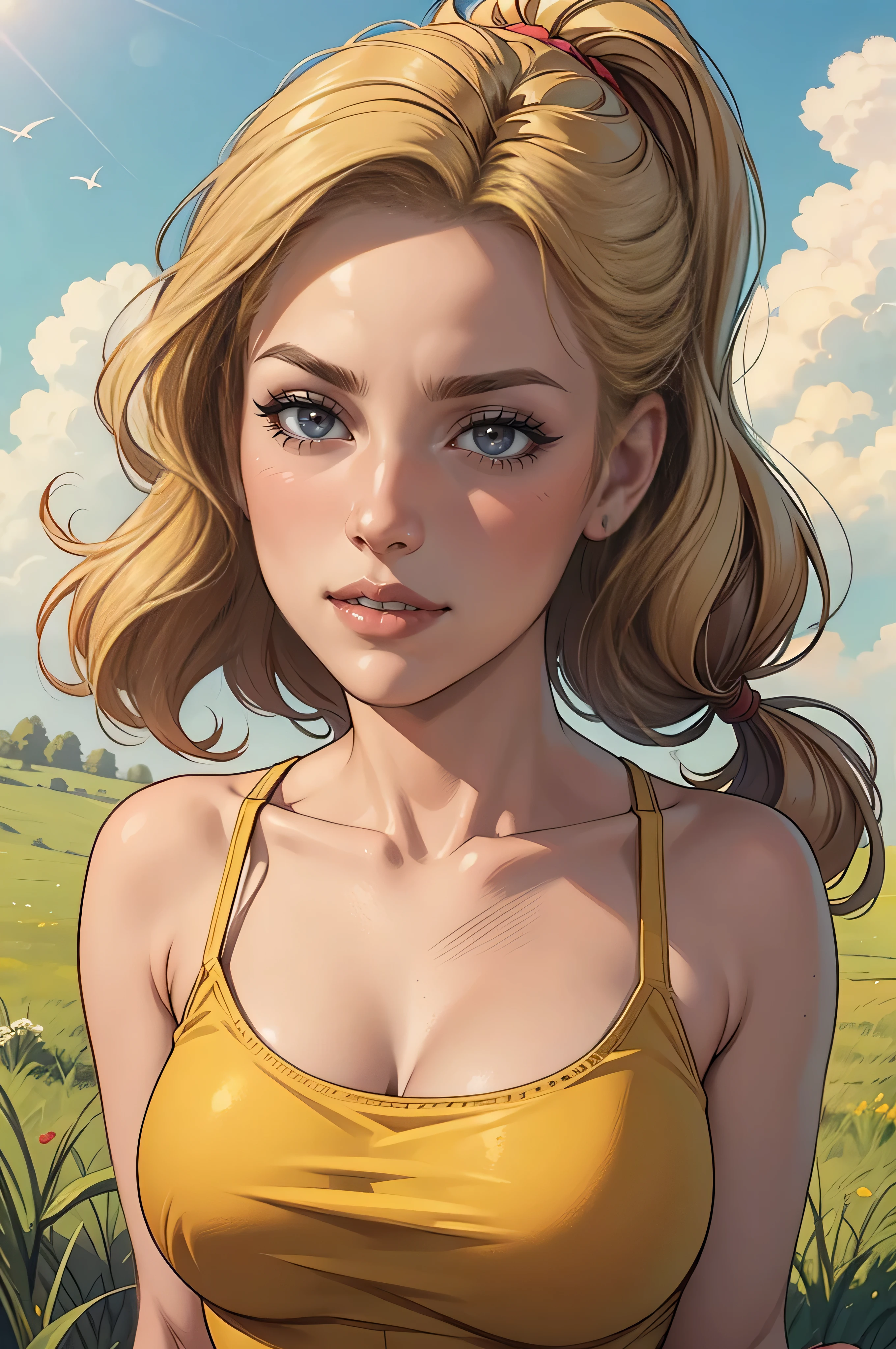 photorealistic,realistic, solo, photorealistic, best quality, ultra high res, 1girl,, , blonde hair in a ponytail, wearing a yellow sundress, breeze blowing through the grass,, , 1girl,, beautiful, masterpiece, best quality, extremely detailed face, perfect lighting, 1girl, solo,, , best quality, ultra high res, photorealistic,, ultra detailed,, masterpiece, best quality, , nancy1, 