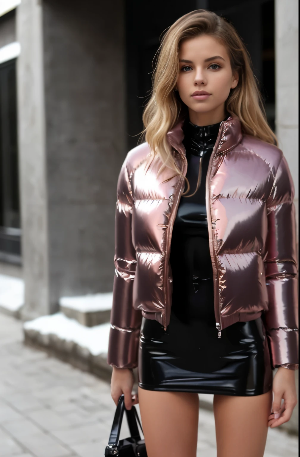 thin athletic arafed woman in skin toned leather minidress posing in front of a black building, a picture by Adrian Zingg, trending on cg society, arabesque, ( Super shiny metallic red pink fashionable puffer Winter Outerwear:1.4) , super full puffer jacket, extra full thick jacket, super short jacket, tight black matte bikini, beautiful blonde girl, alexa grace, wearing bikini and puffer jacket, (open jacket:1.4), small bikini, super thin, anorexic, fit girl, young and cute girl, blonde girl, narrow hips:1.2, wide shoulders:1.2, thin hips:1.2, round fit ass:1.2