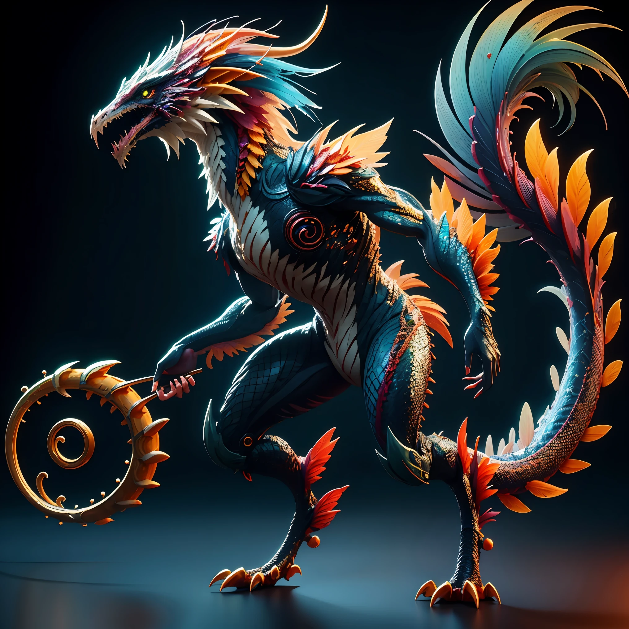 (masterpiece, best quality:1.2), realistic 3D models of fantasy creature paldragon, solo，fullbody shoot, ultra detailed eyes，fluorescence style，scale material, realistic texture, in the dark void