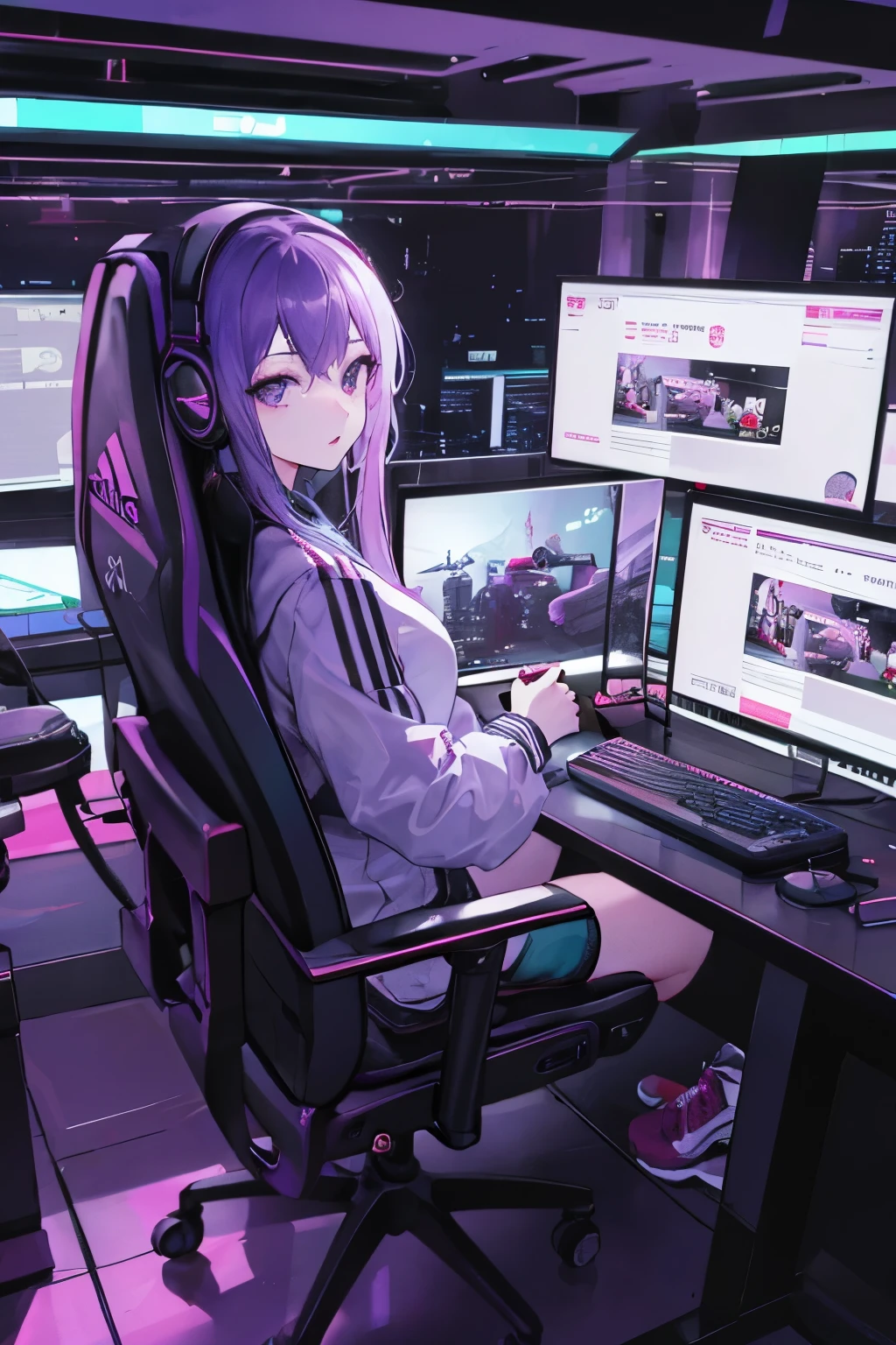 Anime girl sitting in a chair in front of a computer - SeaArt AI