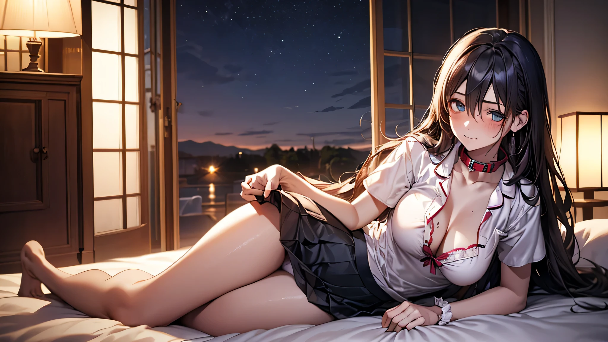(masterpiece:1.2, expensiveest quality), (realistic, photorealistic:1.4), beautiful illustrations, looking at the viewer, whole body, Side view:0.6, 1 girl, Japanese, expensive , (long hair:1.5), blown hair, (half up, half updo), bangs, hair between eyes, big breasts:0.8, beautiful hair, beautiful face, beautiful and detailed eyes, beautiful clavicle, beautiful body, beautiful breasts, beautiful texpensives, beautiful feet, beautiful fingers, (beautiful scenery), , girl alone on bed in bedroom, ((Short sleeve pajama uniform with collar, nightgown skirt, )), white panties, (Lying, , lift the skirt, put your hand on your chest), blush, ,