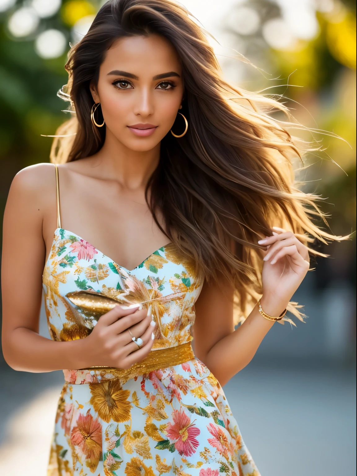 photo of a stunning beautiful Brazilian woman supermodel, honey eyes, long messy windy light brown hair, flipping hair, closeup zoomed in tight crop portrait, walking down a (runaway at a fashion show scene people:1.2) wearing a (fluttering floral high couture dress:1.3) (expensive clutch bag on her hand:1.3) (Lighting-Gold:1.2) foreground objects background details (masterpiece:1.2) (photorealistic:1.2) (bokeh:1.2) (best quality) (color grading) (detailed skin:1.3) (intricate) (8k) (HDR) (cinematic lighting:1.3) (sharp focus), messy windy hair