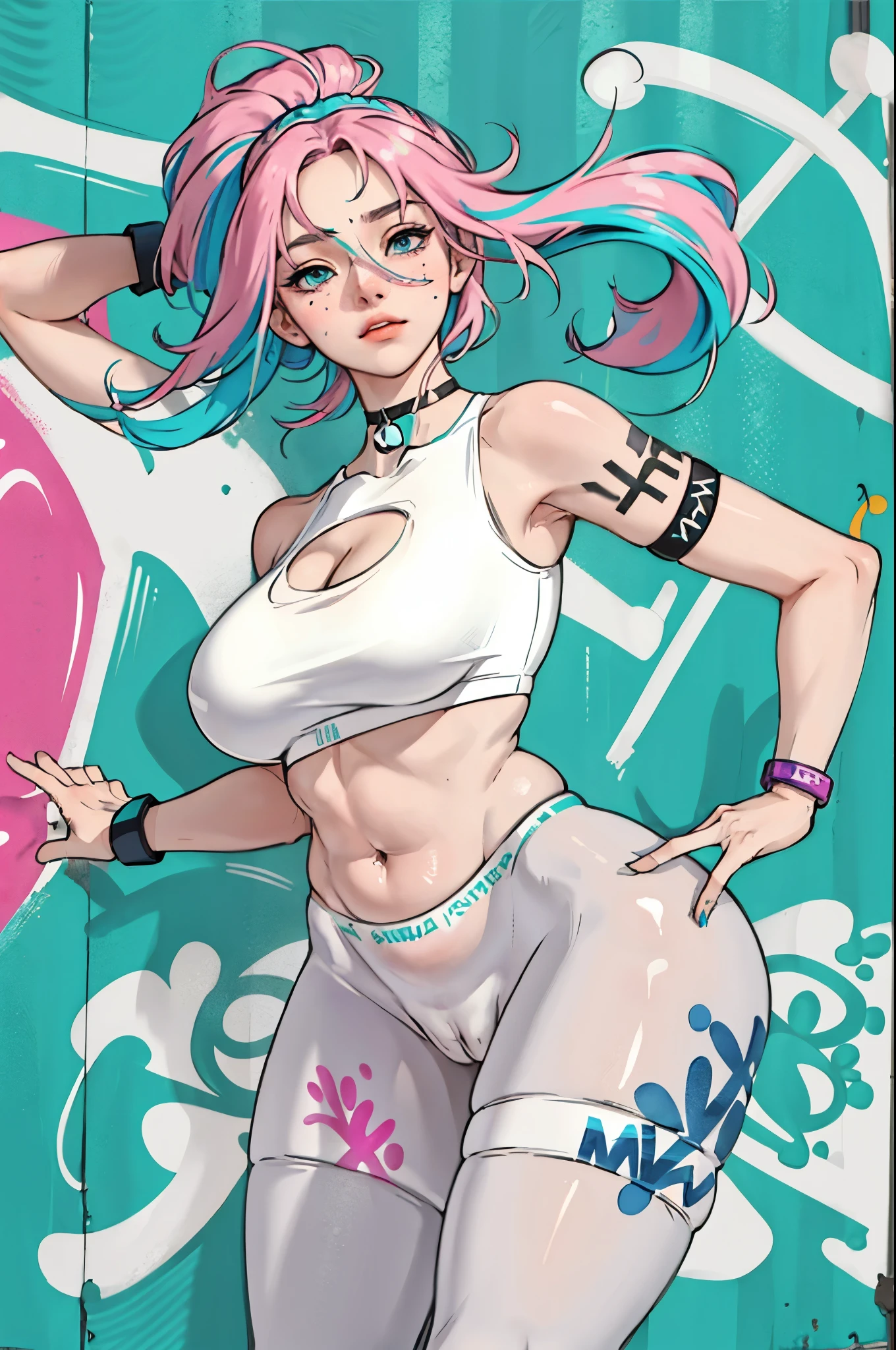 (((petting cameltoe))) masterpiece, best quality, 25 years old beautiful woman, long hair, (mature face:1.4), 1woman, solo, crop top, gym leggings, choker, (from behind:1.4), plumb ass, thick thighs, thin waist, (graffiti:1.5), paint splatter, arms behind back, against wall, looking at viewer, armband, thigh strap, paint on body, head tilt, bored, multicolored hair (pink, blue), aqua eyes, headset