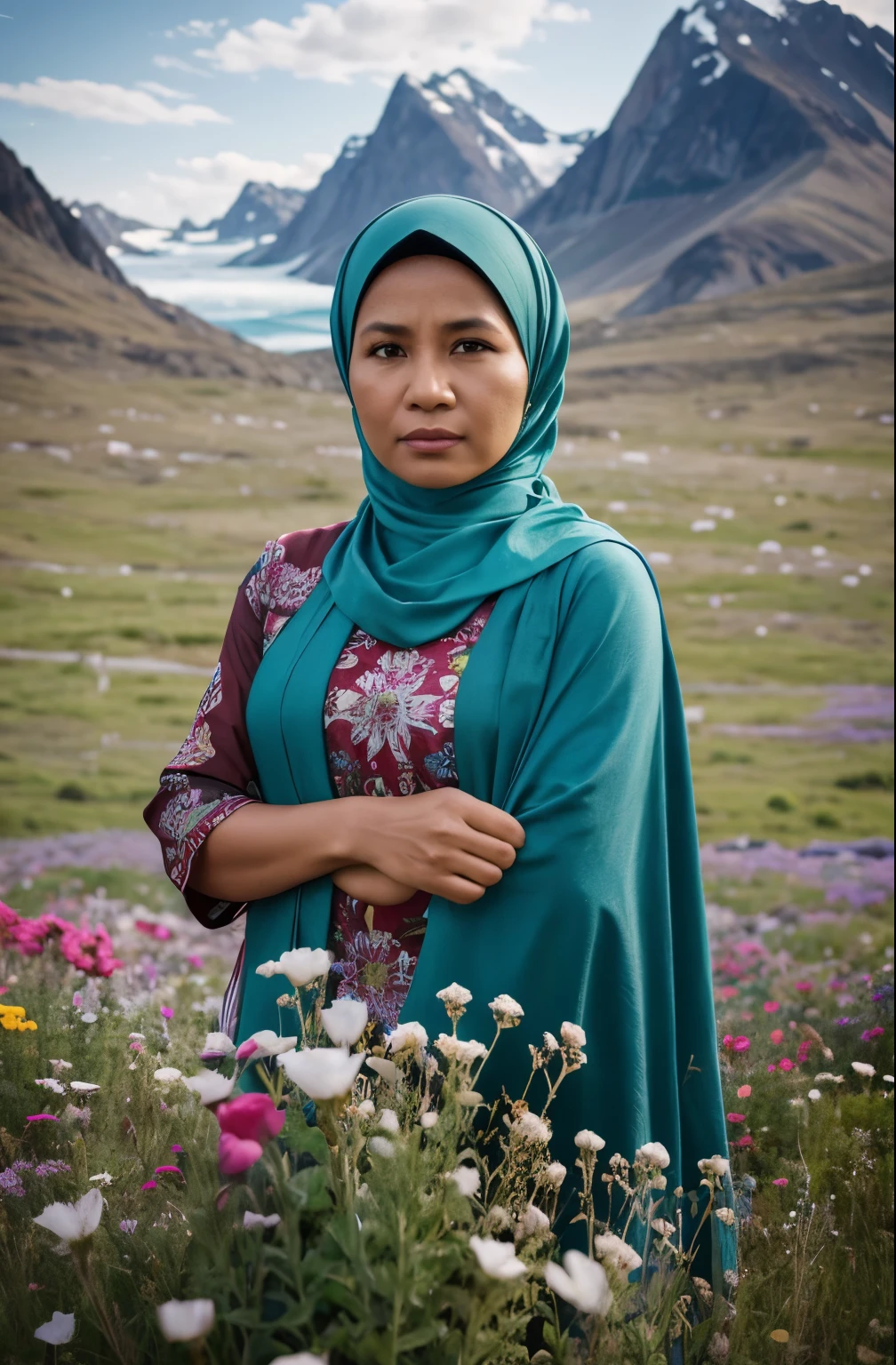 middle aged woman wearing tosca hijab indonesian muslim, cowboyshot, with backgroud of greenland of flowers, hyperrealistic, 8k, masterpiece
8k
kontras tinggi
efek warna tinggi
fokus