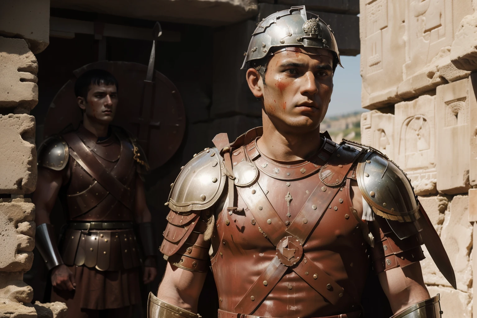 Mitilene, 77 BC. A young ((((21-year-old)) Julius Caesar)), war, battle, fighting, inside the city walls, stained with blood, blood in his face. ((((roman legionary clothings and armor from the 1st century BC))))