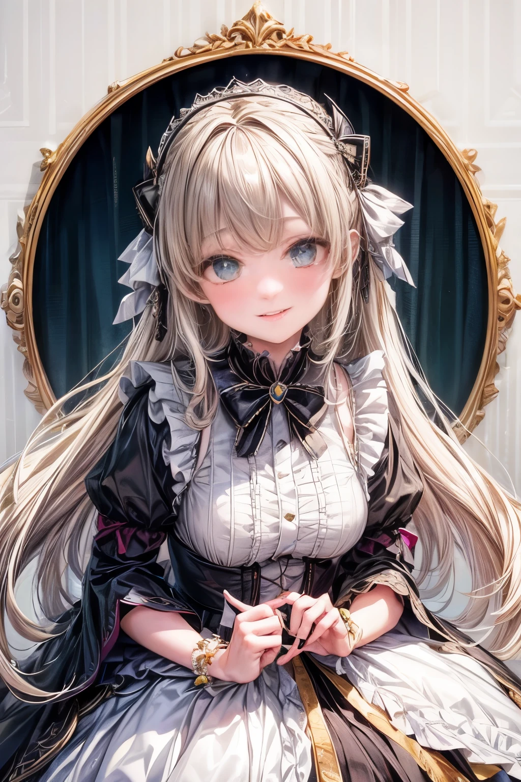 prompt: 8K resolution, delicate features, , single, unique students, shy smile, blonde, princess cut, Bow hair ornament, brooch, shiny dark green dress, lolita style, gothic style, Folded hands, facing the viewer, Otaku Room, Female imps