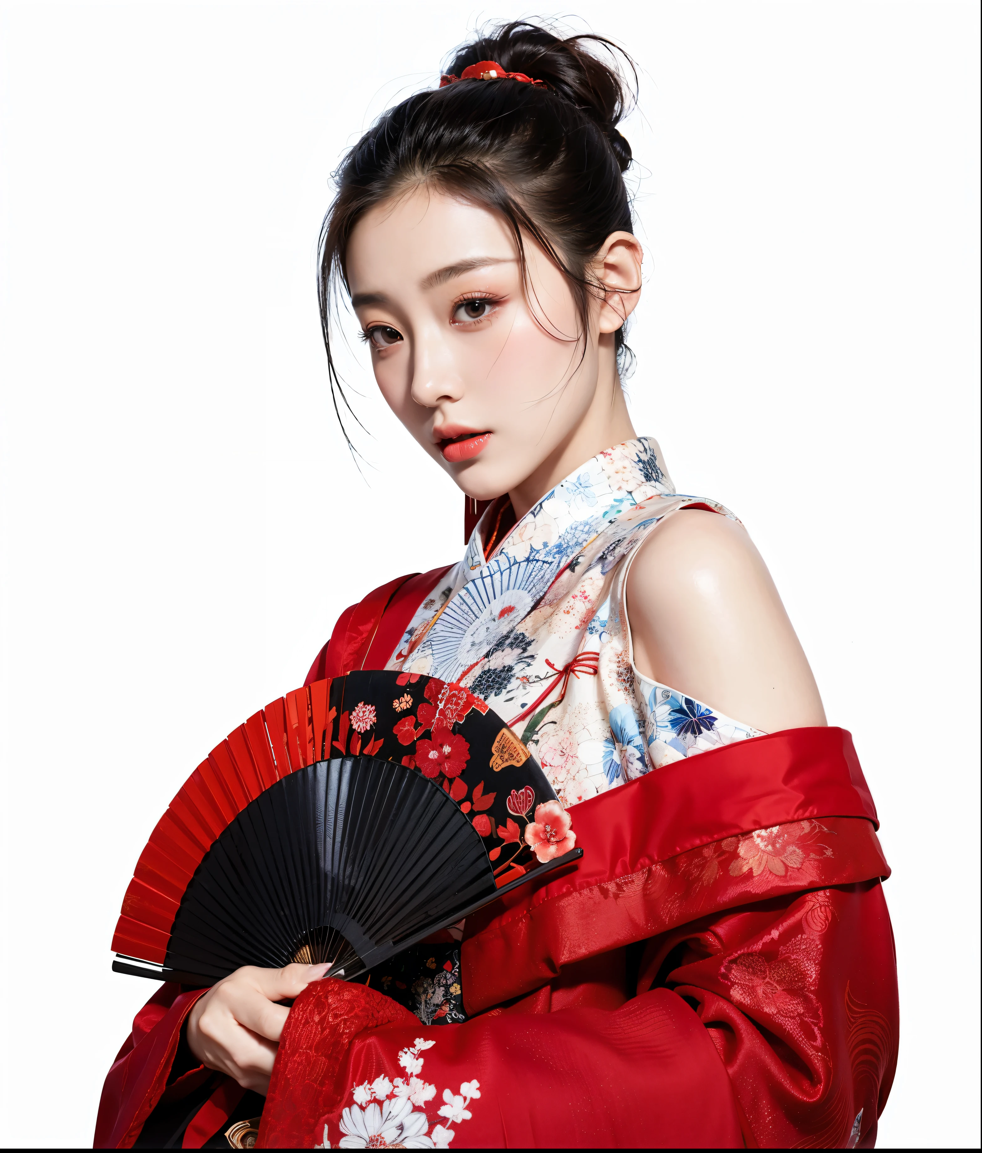 woman in red kimono with fan and red scarf, fan bingbing, jingna zhang, heise-lian yan fang, inspired by Zhou Fang, li bingbing, with acient chinese clothes, cheongsam, official artwork, inspired by Xu Xi, bian lian, inspired by Huang Ji, inspired by Pu Hua