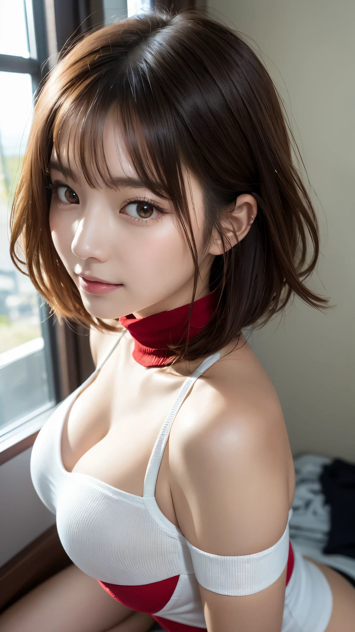(8K, 超A high resolution, Best Quality, masutepiece:1.2)、RAW portrait of japanese girl、超A high resolution、top-quality、 (huge-breasted,:1.4)、{Hide all your breasts}{(Off-white long tight skirt):1.6}、(Wearing a red sleeveless turtleneck:1.5)、(Open the inseam wide:1.5)、(fitting room:1.2) BREAK (Natural Skin Texture、Detailed skin、Hyper-Realism、ultra sharpness)、intricate detailes、depth of fields、Sexy adult woman、Black hair shortcuts、Toned buttocks、((masterpiece、top-quality、high-detail))、(Photorealsitic:1.4)、独奏、closes mouth、Smile happily、big eye、Distinct double eyelids、Lashes、long neck、Absolute area、Clean collarbone、face perfect、thin lips、a small face、(gazing at viewer、Highlights in the eyes、Light brown eyes、lipgloss)、露出胸部、露出乳房、巨大的胸部,巨大的乳房、露出胸部、露出胸部、露出乳房、露出胸部、露出乳房、巨大的胸部,巨大的乳房、露出胸部、露出胸部、露出乳房、露出胸部、露出乳房、巨大的胸部,巨大的乳房、露出胸部、露出胸部、露出乳房
