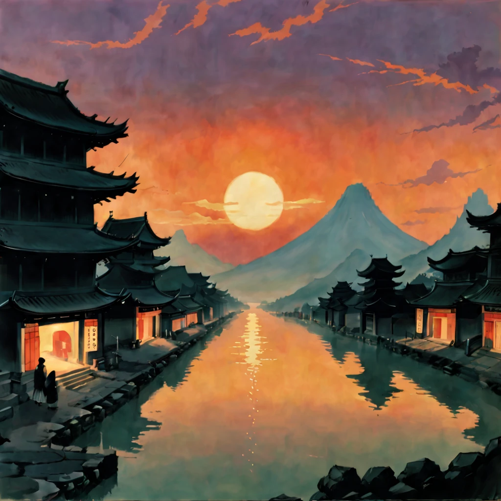 masterpiece, sunset, ancient japan city

