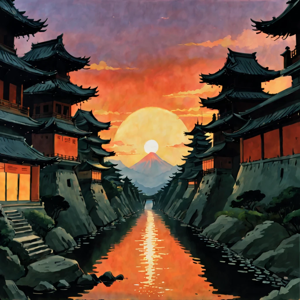 masterpiece, sunset, ancient japan city

