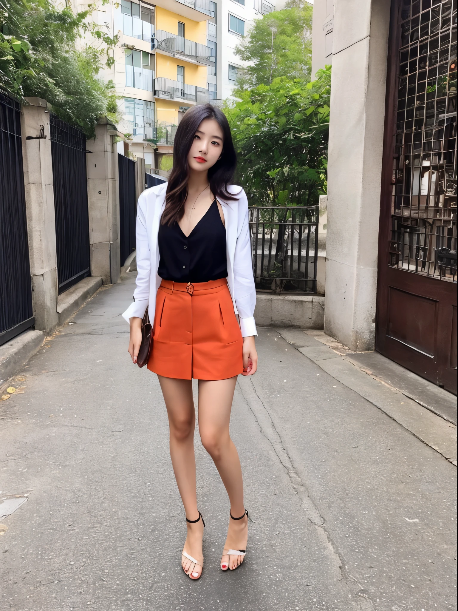 1 girl in, 21 year old korean girl, instagram model, (gorgeous girl), slim sexy body, (perfect body, perfect hands, perfect feet), instagram model, posing for picture, full body picture, wearing stylish classy clothes, noble girl