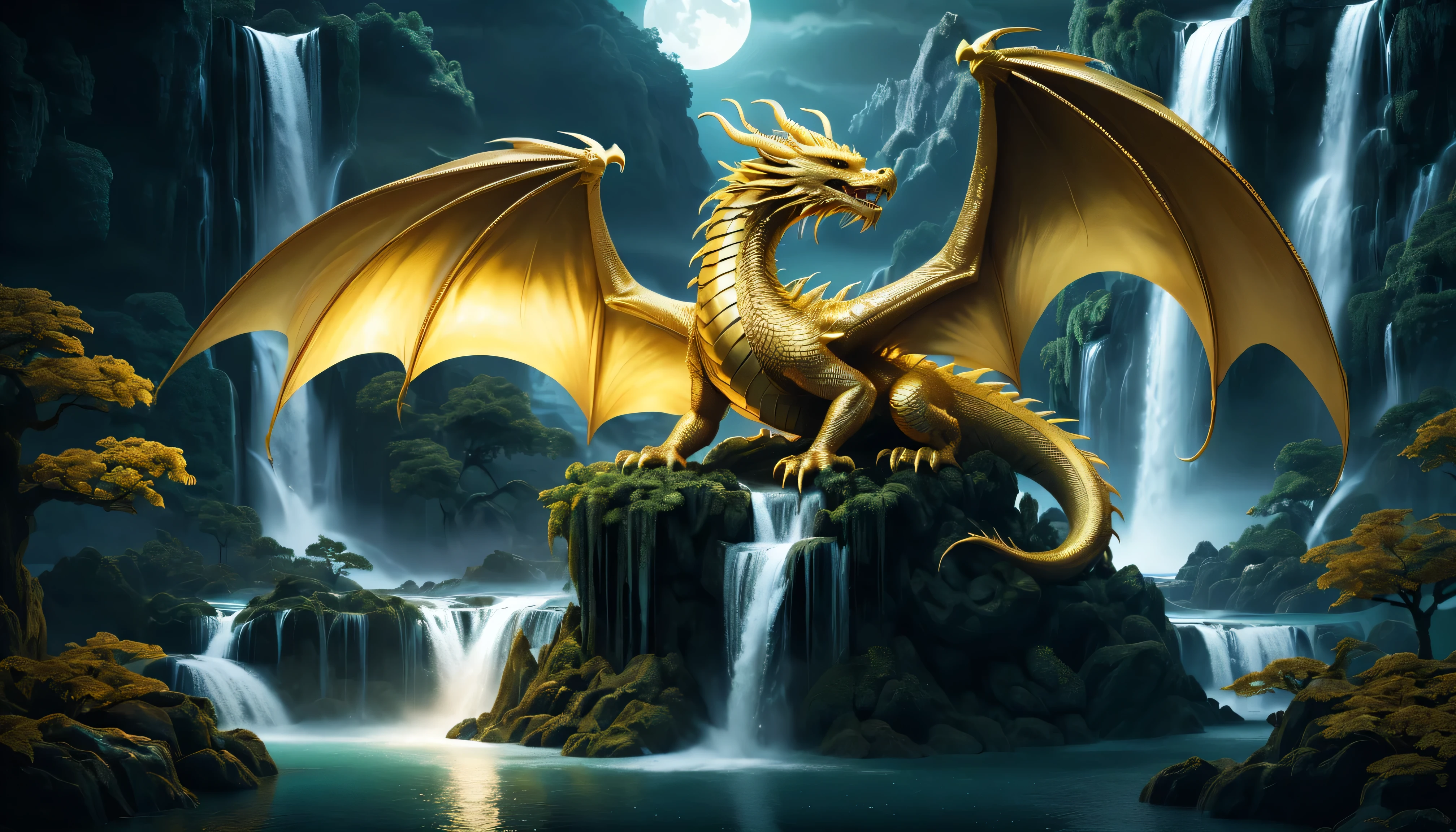 Fantasy Landscape with a (golden color:1.3) Majestic Dragon, its scales shimmering under the ethereal moonlight, perched atop a mystical floating island surrounded by cascading waterfalls. Rendered in a Cinematic style inspired by the fantasy works of artists like H.R. Giger and Chris Rahn, emphasizing dramatic lighting and detailed textures.