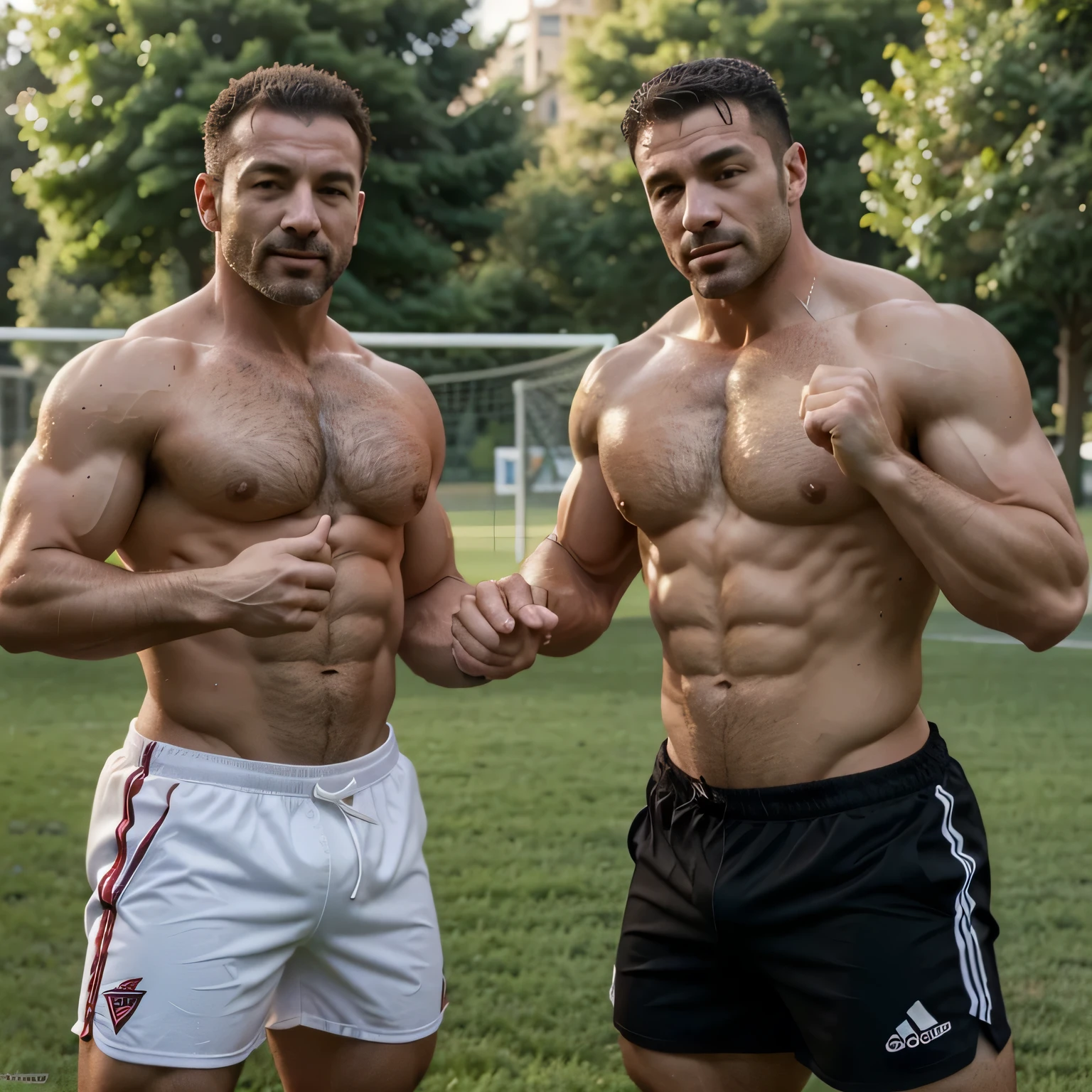 famous soccer Gianluca Vialli lifting a barbell in a park, muscular athlete, waist - shot, muscular thighs, in shorts, in billy herrington body, shirtless with hairy pecs, short shorts, wearing black shorts,, extremly manly, sexy, hot, hunk