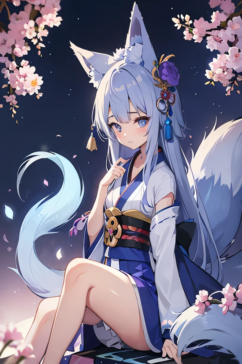 Blue-white hair, blue-purple gradient pupils, small tail, fox girl, shy in kimono