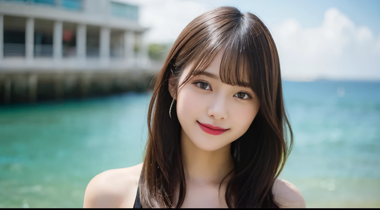 muste piece, best quality, illustration, Super detailed, fine details, High resolution, 8K Dende Wallpaper, perfect dynamic composition, beautiful detailed eyes, she is wearing a black bikini swimsuit,medium hair,natural color lip, shy smile,Harajuku style、20 year old girl、There is only one person, bust up photo、Correct posture、stretch your back、Never show your hands、Stand up straight、cute type、looking at camera、C Cup、golden hair、Don't touch it、blurred private background、Blurred sea water background