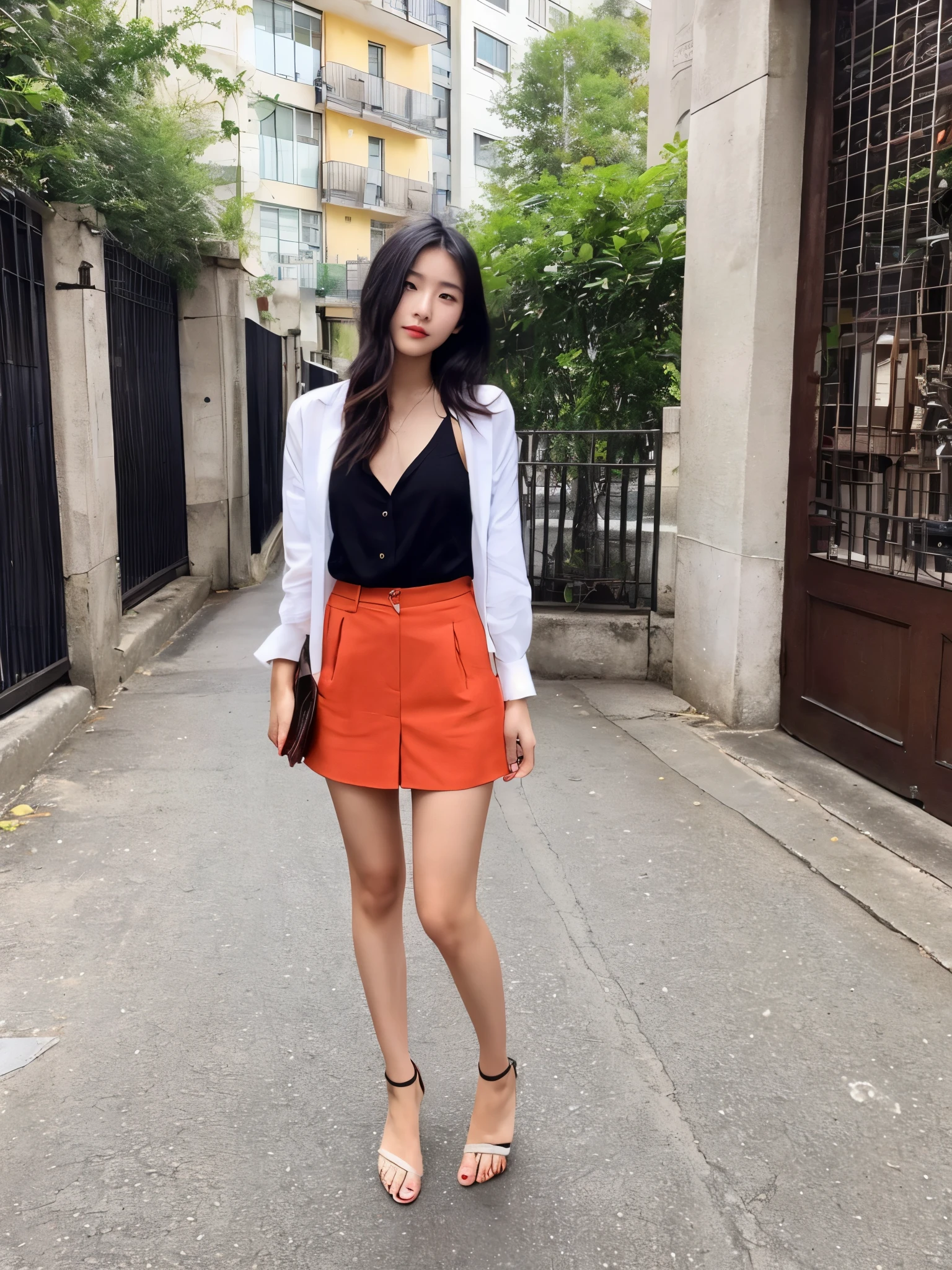 1 girl in, 21 year old korean girl, instagram model, (gorgeous girl), slim sexy body, (perfect body, perfect hands, perfect feet, perfect eyes), instagram model, posing for picture, full body picture, wearing stylish classy clothes, noble girl