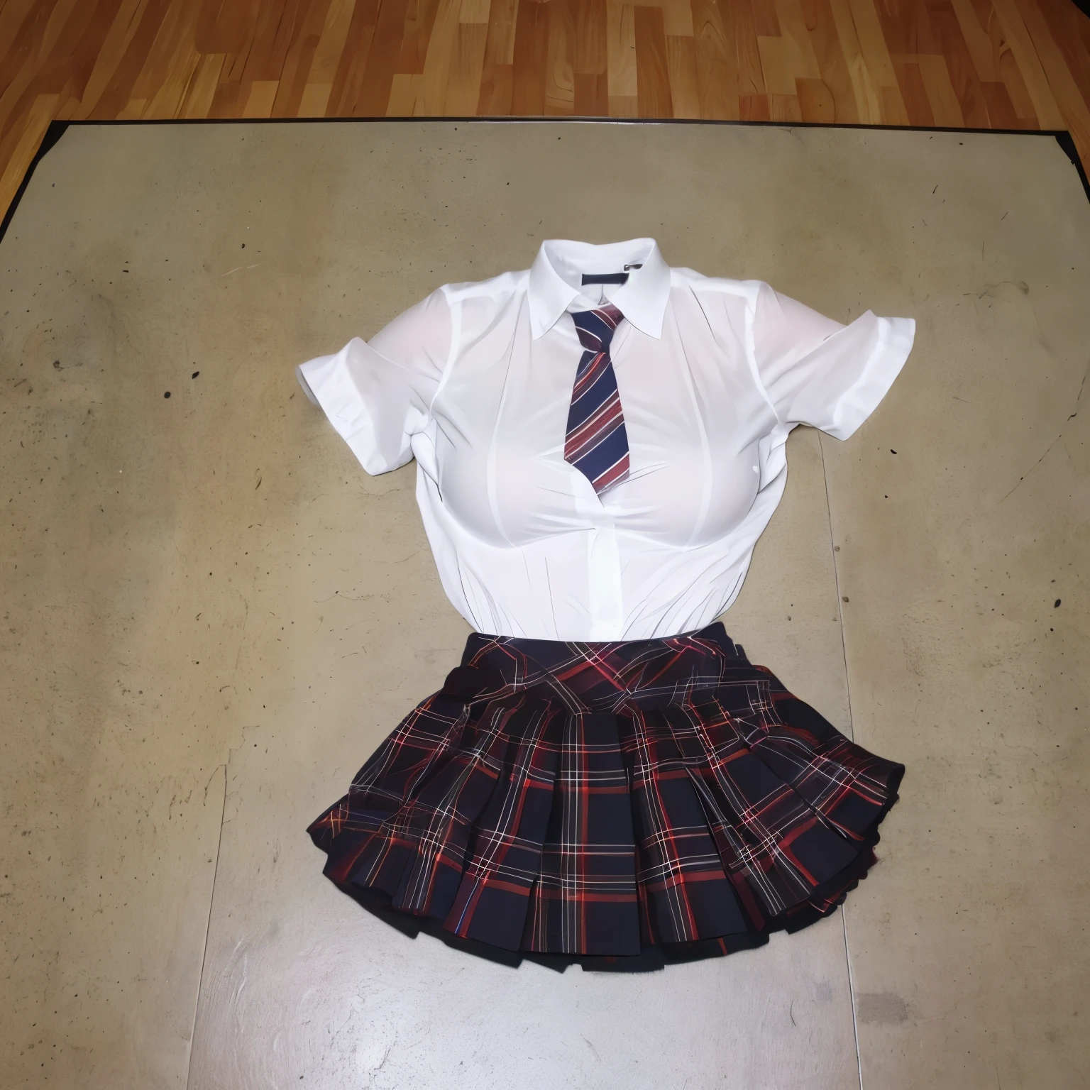 school uniform on floor, stripe tie, plaid school skirt, (invisible, no humans, headless, faceless:1.5), cute big breasts