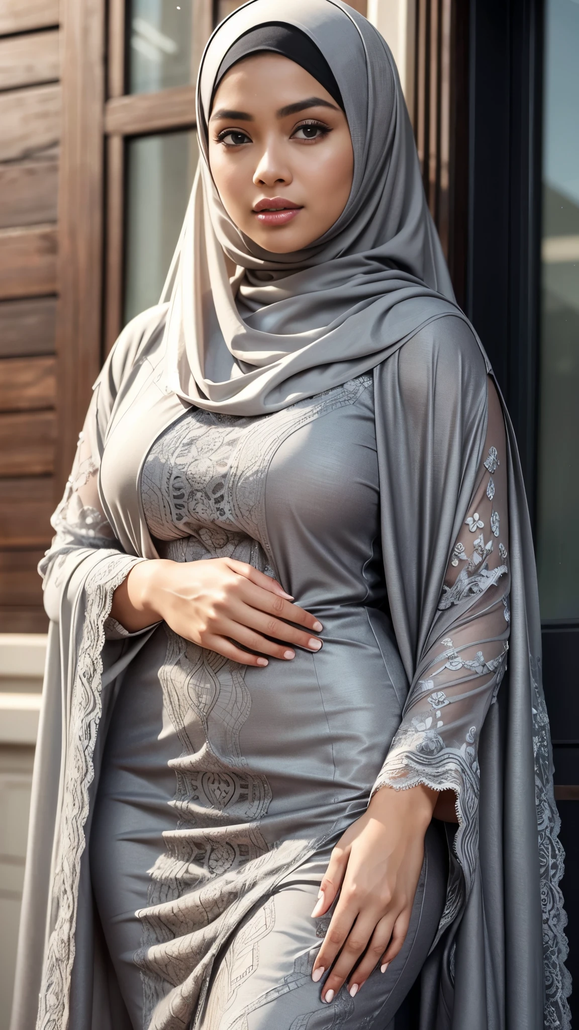 RAW, Best quality, high resolution, masterpiece: 1.3), realistic,beautiful Malay woman in hijab, Masterpiece,perfect fit body, big breasts, big eyes, beautiful face, Soft smile, thick thighs, Muslim woman in a gray hijab standing in front of a house, light grey, lace, grey, grey and silver, hues of subtle grey, filigran intricate details, transparent gray dress, official product image, in gunmetal grey , beautiful masterpiece, excellent lighting, bright colors, clean lines