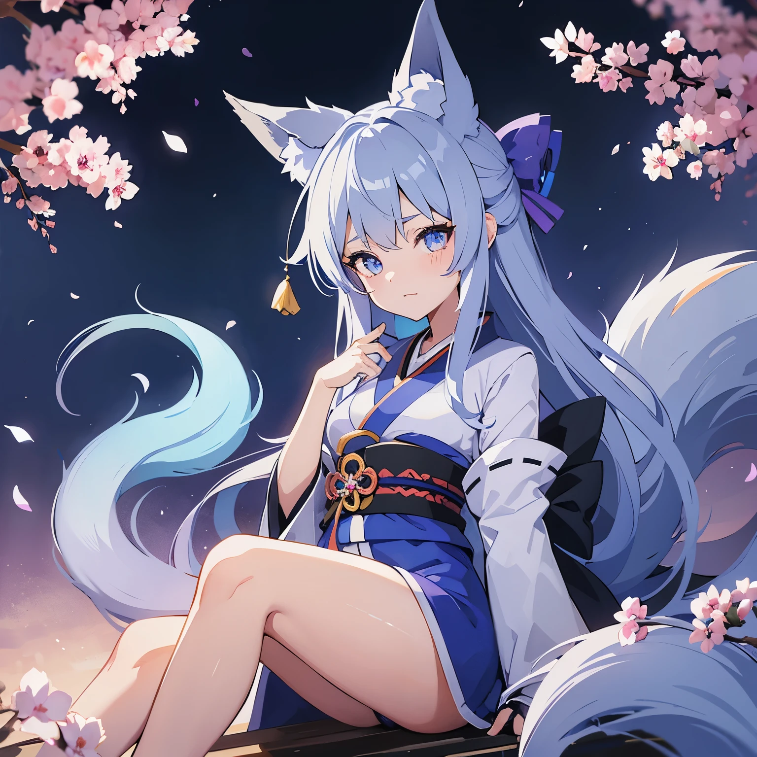 Blue-white hair, blue-purple gradient pupils, small tail, fox girl in kimono, shy black stockings