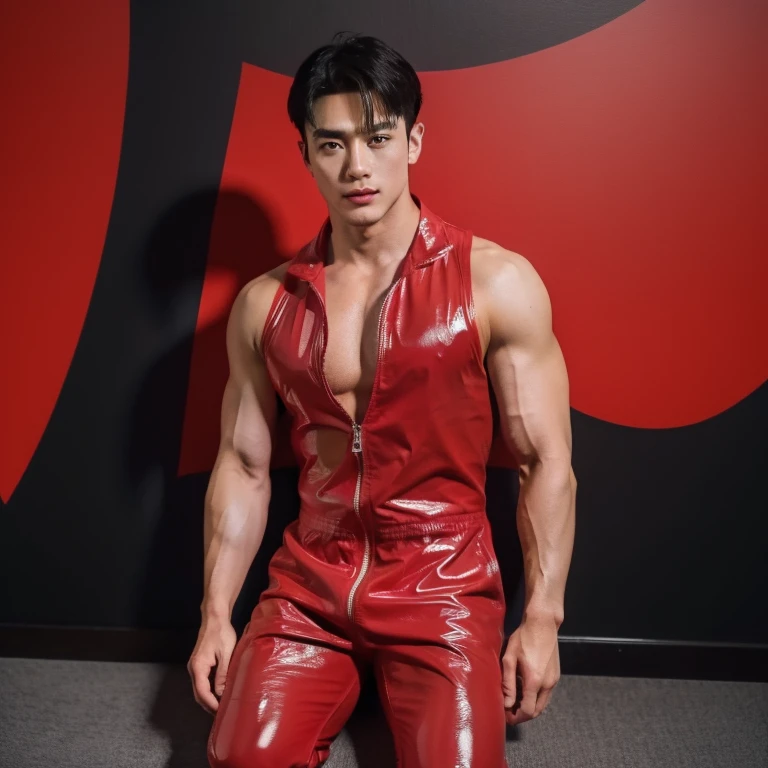 Japan man，man,youth，Best quality, crisp quality, Masterpiece, Highest resolution, Highly detailed, Red latex jumpsuit, love heart，chest muscle，Full-body muscular figure，night club，mtu , 16k resolution , ultra-high clarity , hyperrealism, uhd
