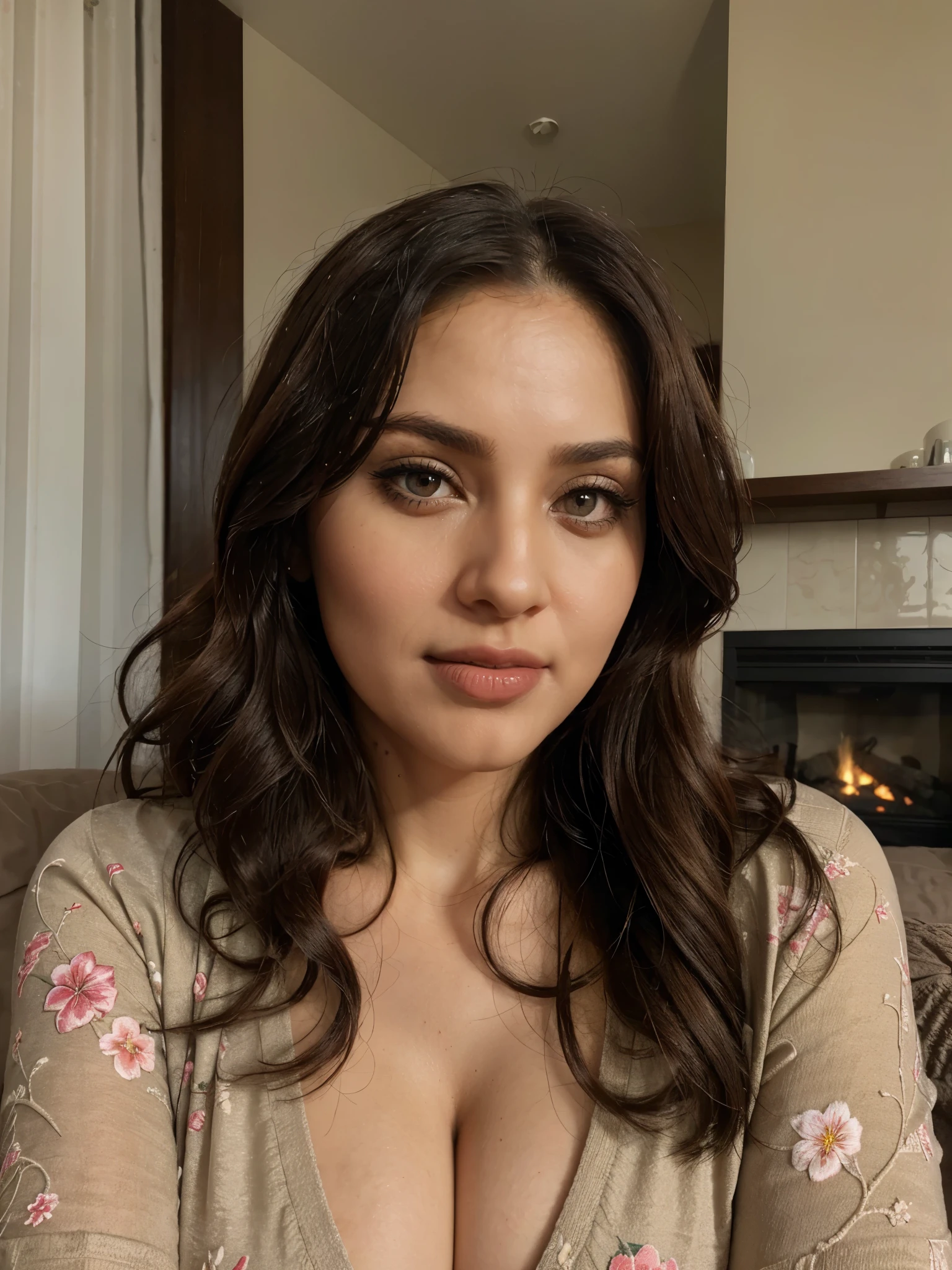 beautiful detailed eyes,beautiful detailed lips,extremely detailed eyes and face,longeyelashes,1girl,cute,red lips,curly hair,45 years old wife,iraqi hijabi,natural lighting,cozy living room,soft colors,comfortable sofa,floral patterned curtains,vibrant carpet
