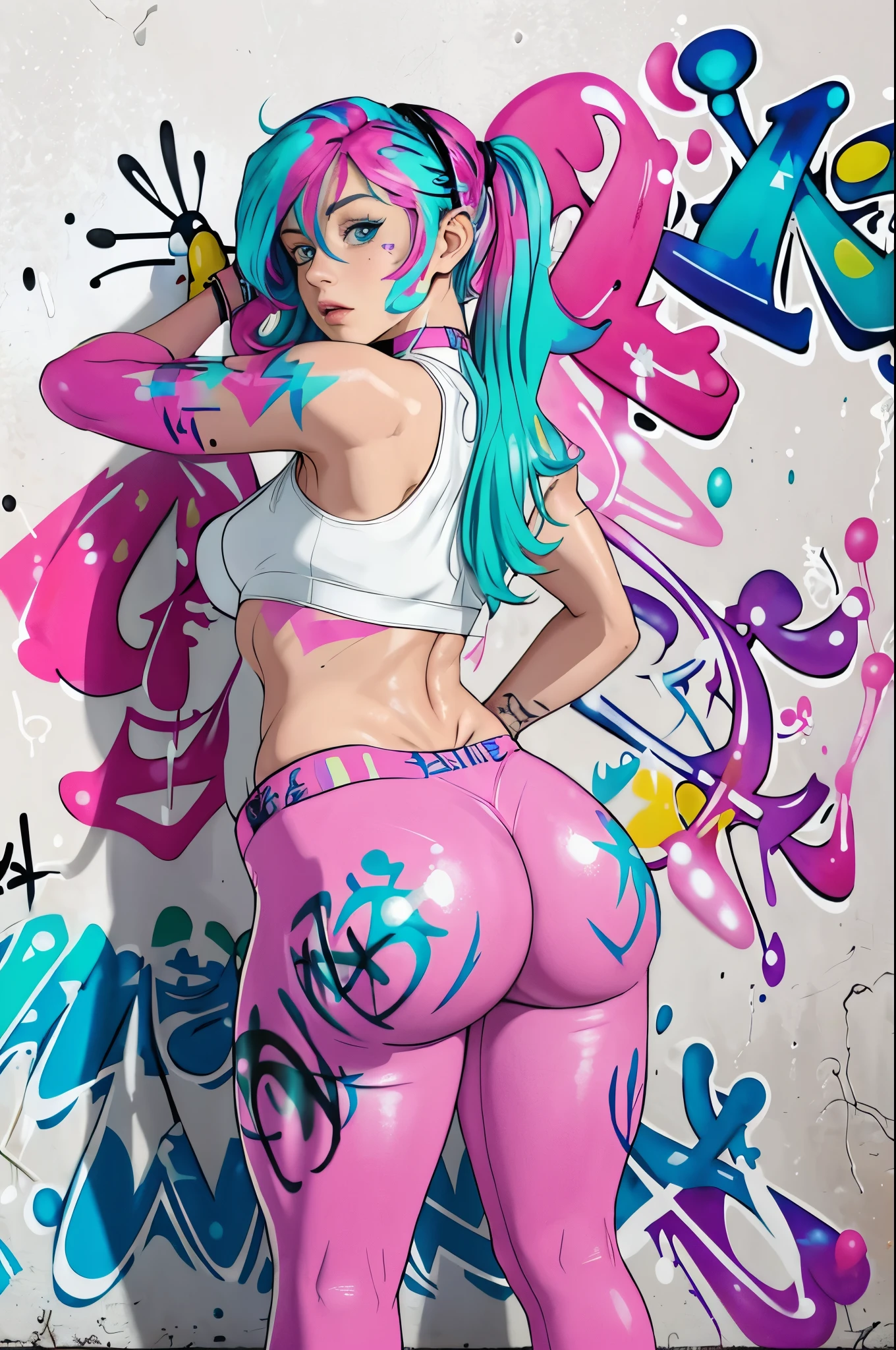 masterpiece, best quality, 25 years old beautiful woman, long hair, (mature face:1.4), 1woman, solo, crop top, gym leggings, choker, (from behind:1.4), plumb ass, thick thighs, thin waist, (graffiti:1.5), paint splatter, arms behind back, against wall, looking at viewer, armband, thigh strap, paint on body, head tilt, bored, multicolored hair (pink, blue), aqua eyes, headset