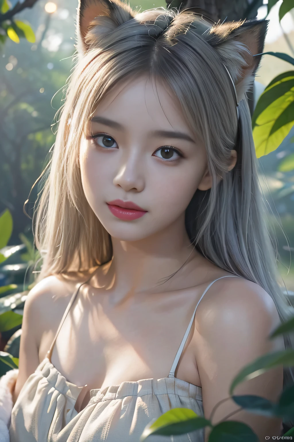 (((best image quality、highest quality、Super high quality 1.5、Super high quality 1.5、32K、pieces fly、RAW photo、very clear image、very clear image quality、Photoreal 1.3、Super detailed 1.2, small details, High resolution, Perfect dynamic structure, masterpiece, surreal,Highly detailed CG unity 32k wallpaper,realistic pictures、real human being、super detailed face、T Masterpiece,)))、(best illustrations),(Best Movies),1 A white-haired girl in a fox pose,Close-up of beautiful woman with gray hair and white mask,beautiful character drawings,Gviz,Gviz-style artwork,white haired god,Written by Jean Jay,Magnificent and beautiful character art,great character art,Fan Qi,Wu Jun Sifan,Gouvitz on the pixiv art station,Glowing Sprites,森をテーマにしたnatureの要素。Mysterious Forest,beautiful forest,nature,surrounded by flowers,Fireflies surround the delicate leaves and branches(natureの要素),(Jungle theme),(autumn leaves),(tree branch),(glow worm),(particle effects), octane rendering,ray tracing,very careful、fox ears、(((sit)))