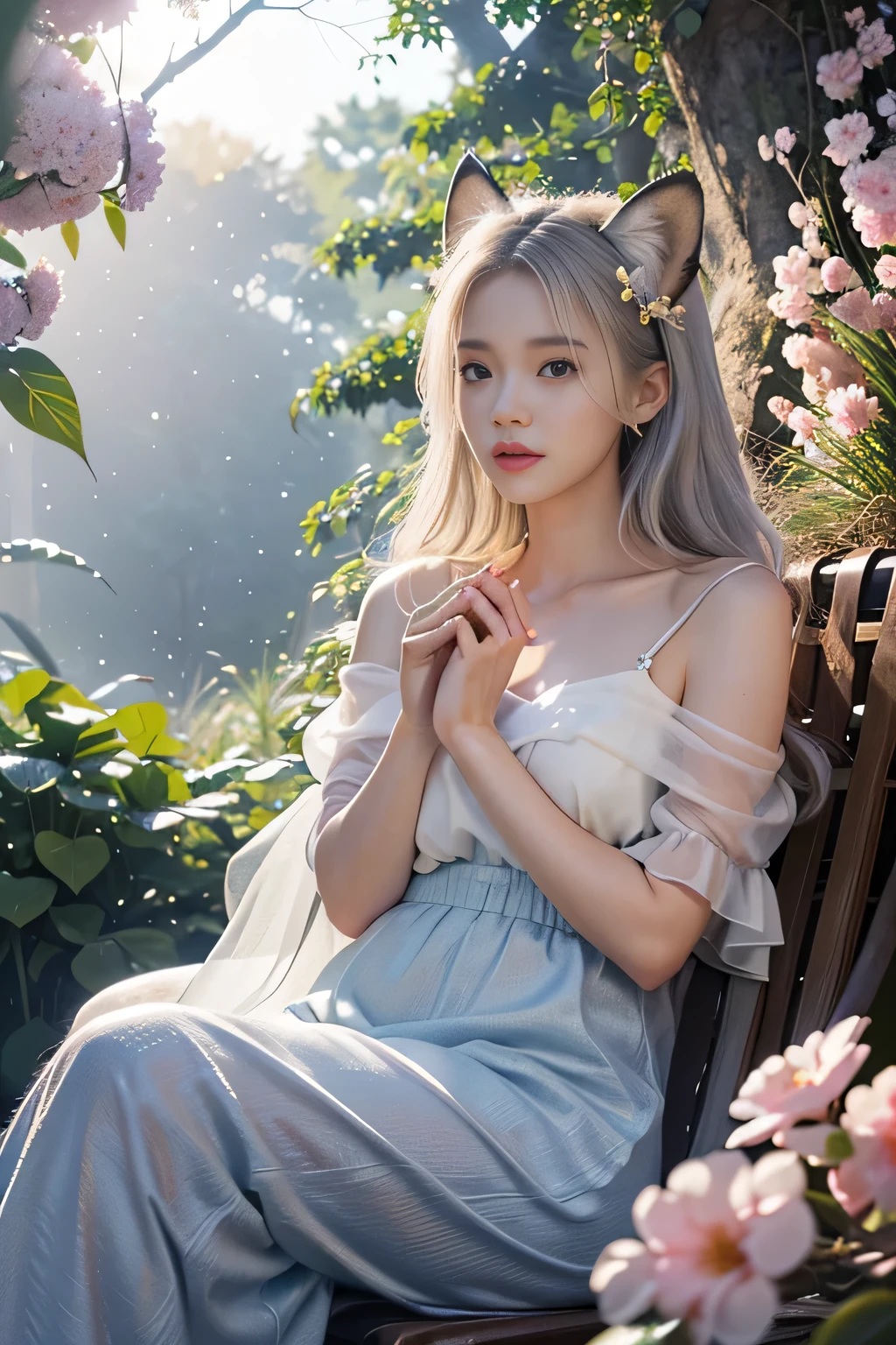 (((Female teacher lying in the flower garden)))v6, earrings, full body v6, (long golden white hair), translucent clothes, looking, superb, ultra high definition, RAW photography, realism 1.25), (bright lip gloss, long eyelashes, smooth) face, bright skin, natural shadows, wide light, wide light, depth of field, strong colors, subtle caustics: 0.8), (big), v6 ( Bra made of transparent white and red flowers, miniskirt,))), sleeveless, (eyes closed, face down)), lower body slender, behind the woman, there are various beautiful flowers (absurd, high resolution, super detailed), ((a little dirty all over, the clothes are also torn))