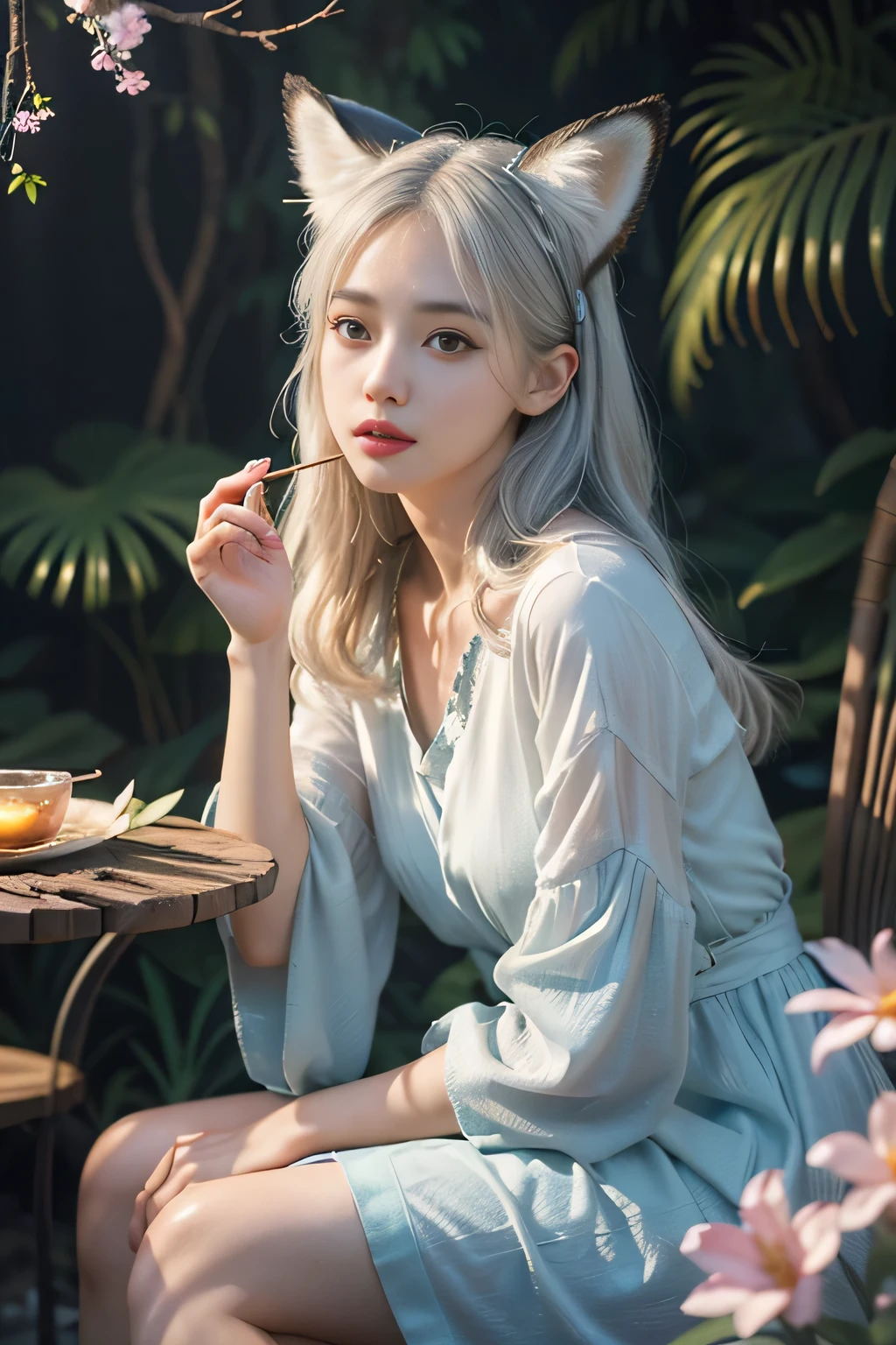 (((best image quality、highest quality、Super high quality 1.5、Super high quality 1.5、32K、pieces fly、RAW photo、very clear image、very clear image quality、Photoreal 1.3、Super detailed 1.2, small details, High resolution, Perfect dynamic structure, masterpiece, surreal,Highly detailed CG unity 32k wallpaper,realistic pictures、real human being、super detailed face、T Masterpiece，)))、（best illustrations），（Best Movies），1 A white-haired girl in a fox pose，Close-up of beautiful woman with gray hair and white mask，beautiful character drawings，Gviz，Gviz-style artwork，white haired god，Written by Jean Jay，Magnificent and beautiful character art，great character art，Fan Qi，Wu Jun Sifan，Gouvitz on the pixiv art station，Glowing Sprites，森をテーマにしたnatureの要素。Mysterious Forest，beautiful forest，nature，surrounded by flowers，Fireflies surround the delicate leaves and branches（natureの要素），（Jungle theme），（autumn leaves），（tree branch），（glow worm），（particle effects）， octane rendering，ray tracing，very careful、fox ears、(((sit)))