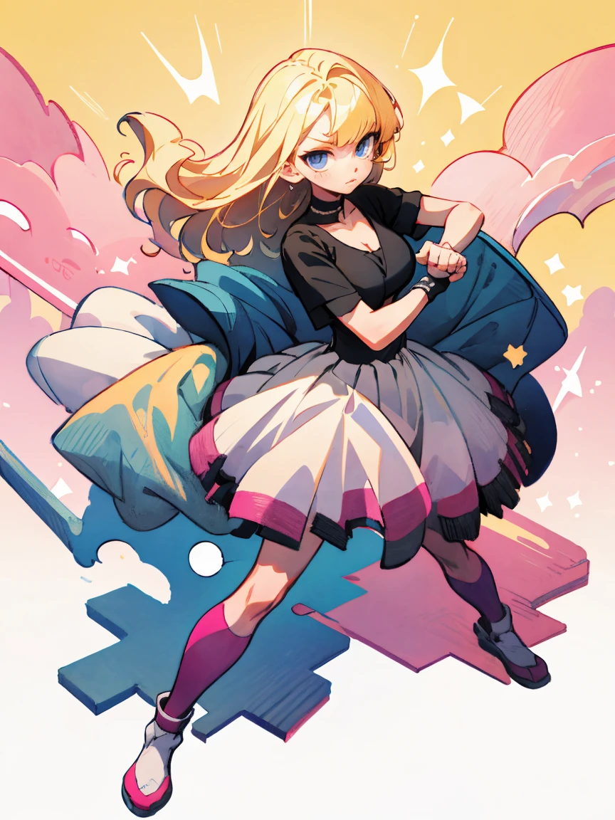 (((masterpiece))),best quality, [(white background:1.5)::5], (isometric:1.1), 1 woman, big breasts, blue eyes, very long hair, blonde hair, long blonde hair, side sweep bangs, pink choker, strapless pink dress, fighting stance