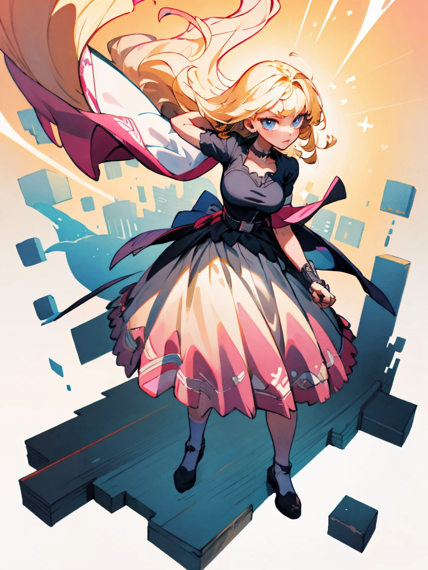 (((masterpiece))),best quality, [(white background:1.5)::5], (isometric:1.1), 1 woman, big breasts, blue eyes, very long hair, blonde hair, long blonde hair, side sweep bangs, pink choker, strapless pink dress, fighting stance