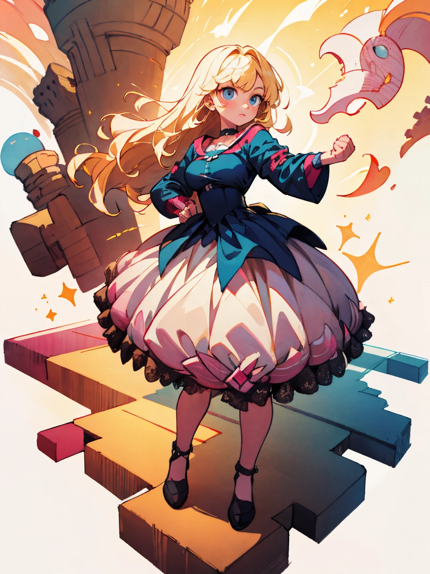 (((masterpiece))),best quality, [(white background:1.5)::5], (isometric:1.1), 1 woman, big breasts, blue eyes, very long hair, blonde hair, long blonde hair, side sweep bangs, pink choker, strapless pink dress, fighting stance