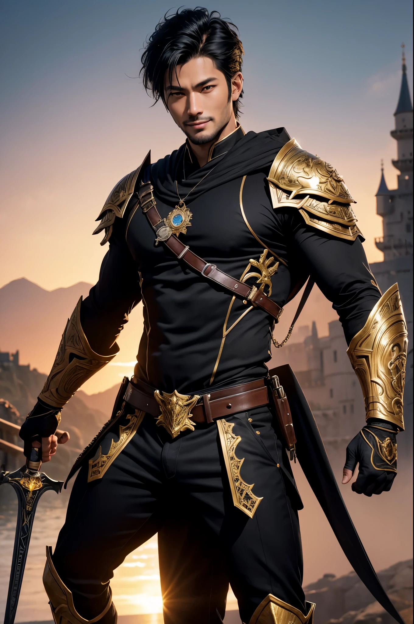 8K,28 years old,Adult male with black wolf cut hair,Japanese super handsome guy(Like the real thing),wild guy,black and gold assassin costume(Precise embroidery of the hero&#39;s emblem of the hero),luxury black and gold pants,blue and black leg armor,Muscular slender macho body,Violent and strongly cracked abdominal muscles,ultra high resolution,超realistic skin,handsome boy,28 years oldの青年,Big eyes,A young man who looks good with a smile,Magical power overflowing from the body,luxury belt(Delicate workmanship),sunburned skin,Shout,battle scene,action scene,action pose,roar,Holds the long and large holy sword Excalibur..,The background is the front of the castle gate.,Photorealistic RAW photos of the highest quality。Bright colors,perfect woman image,rich colors, Backlight, cinematic lighting, film grain, to be born, 50mm lens, Nikon D850,realistic skin,golden eyes,fantasy art,character art,ultra high resolution,realistic skin,sunset,Big open-mouthed smile,