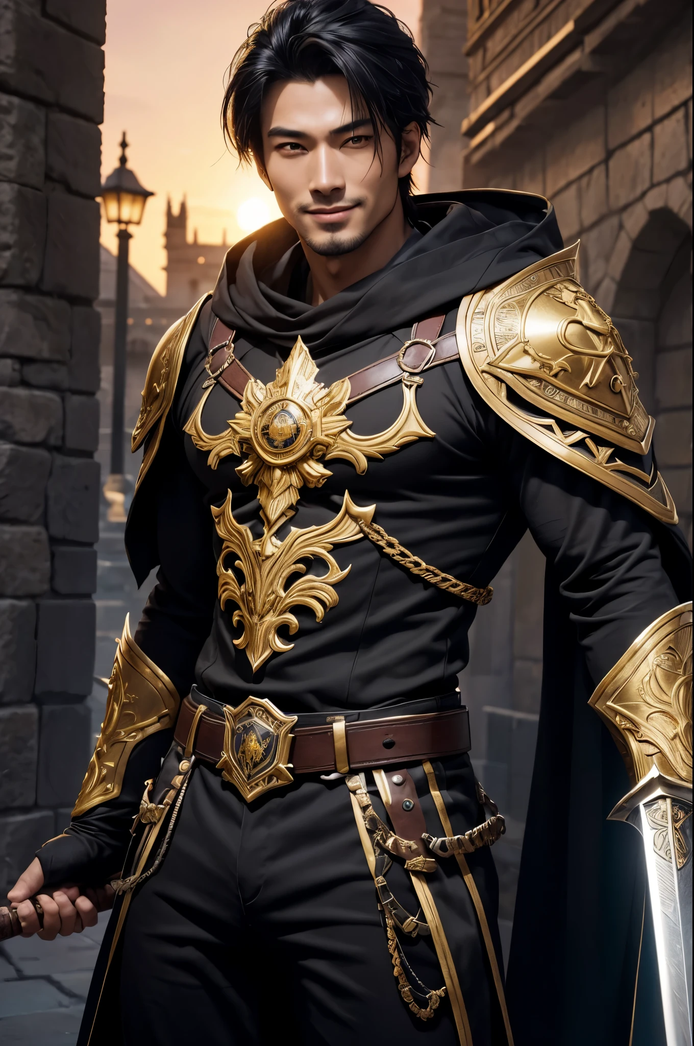 8K,28 years old,Adult male with black wolf cut hair,Japanese super handsome guy(Like the real thing),wild guy,black and gold assassin costume(Precise embroidery of the hero's emblem of the hero),luxury black and gold pants,blue and black leg armor,Muscular slender macho body,Violent and strongly cracked abdominal muscles,ultra high resolution,超realistic skin,handsome boy,28 years oldの青年,Big eyes,A young man who looks good with a smile,Magical power overflowing from the body,luxury belt(Delicate workmanship),sunburned skin,Shout,battle scene,action scene,action pose,roar,Holds the long and large holy sword Excalibur..,The background is the front of the castle gate.,Photorealistic RAW photos of the highest quality。Bright colors,perfect woman image,rich colors, Backlight, cinematic lighting, film grain, to be born, 50mm lens, Nikon D850,realistic skin,golden eyes,fantasy art,character art,ultra high resolution,realistic skin,sunset,Big open-mouthed smile,