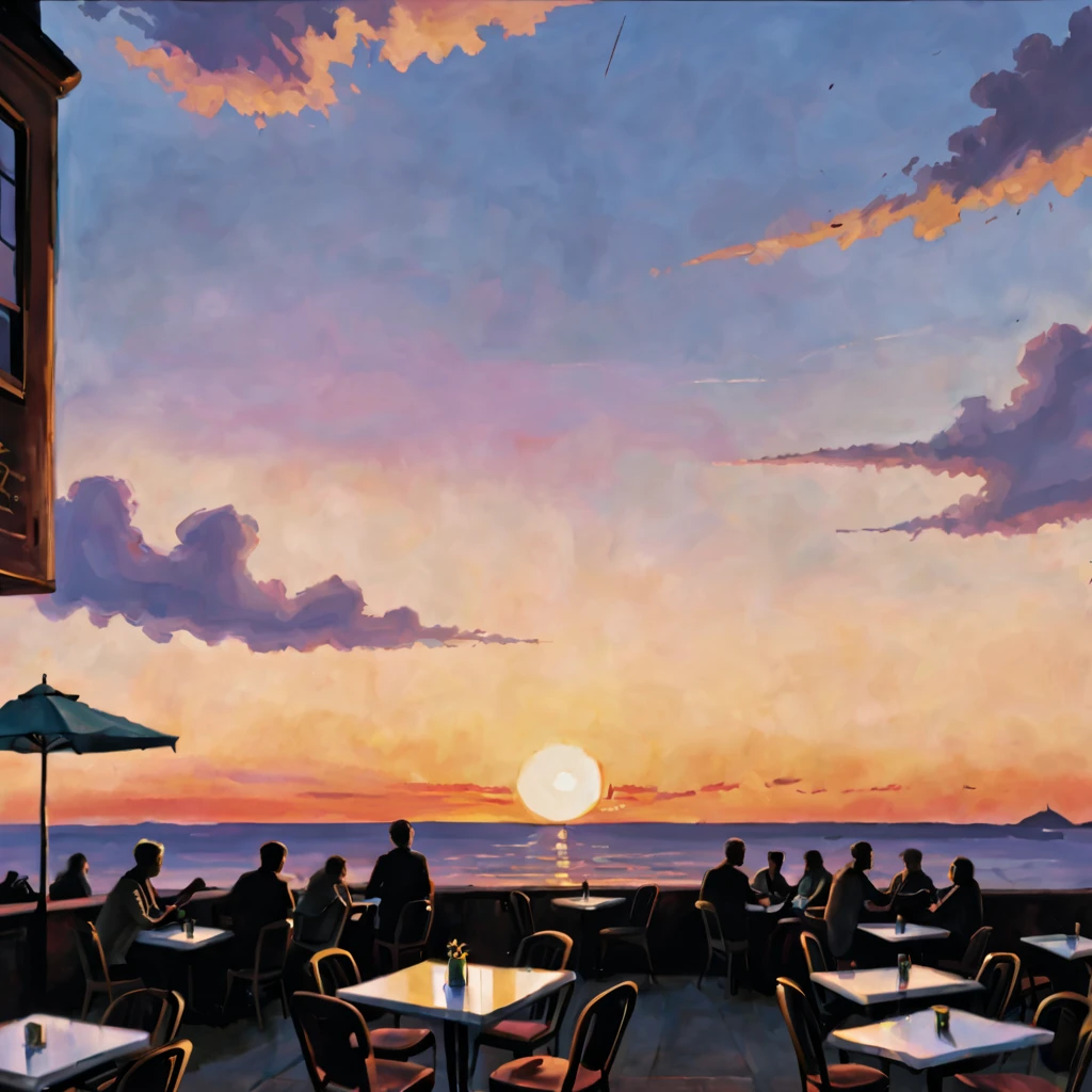 masterpiece, sunset, cafe