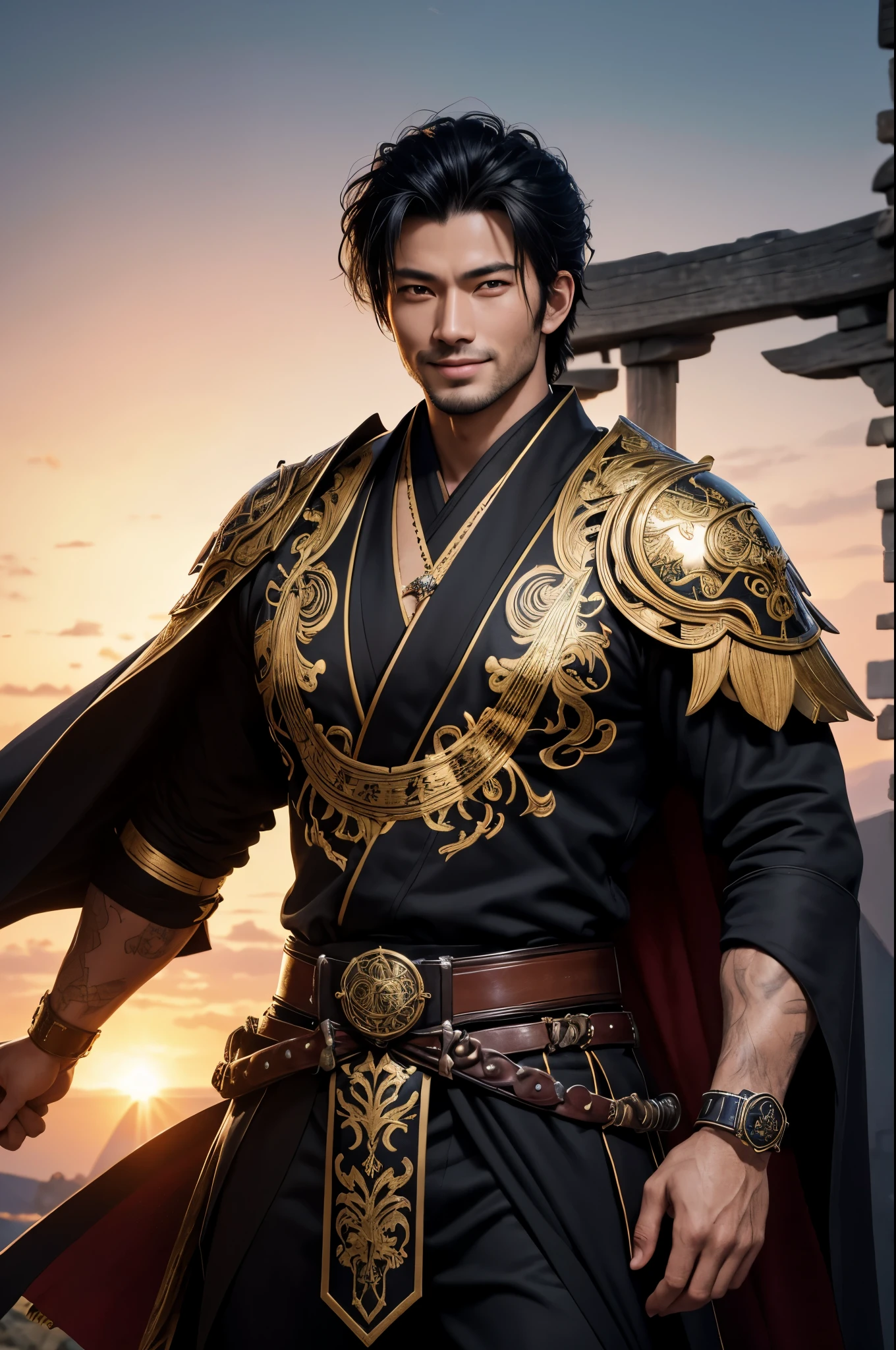 8K,28 years old,Adult male with black wolf cut hair,Japanese super handsome guy(Like the real thing),wild guy,black kimono costume(Precise embroidery of the main character&#39;s coat of arms),luxury black and gold pants,blue and black leg armor,Muscular slender macho body,Violent and strongly cracked abdominal muscles,ultra high resolution,超realistic skin,handsome boy,28 years oldの青年,Big eyes,A young man who looks good with a smile,Magical power overflowing from the body,luxury belt(Delicate workmanship),sunburned skin,Shout,battle scene,action scene,action pose,roar,Holds the long and large holy sword Excalibur..,The background is the front of the castle gate.,Photorealistic RAW photos of the highest quality。Bright colors,perfect woman image,rich colors, Backlight, cinematic lighting, film grain, to be born, 50mm lens, Nikon D850,realistic skin,golden eyes,fantasy art,character art,ultra high resolution,realistic skin,sunset,Big open-mouthed smile,