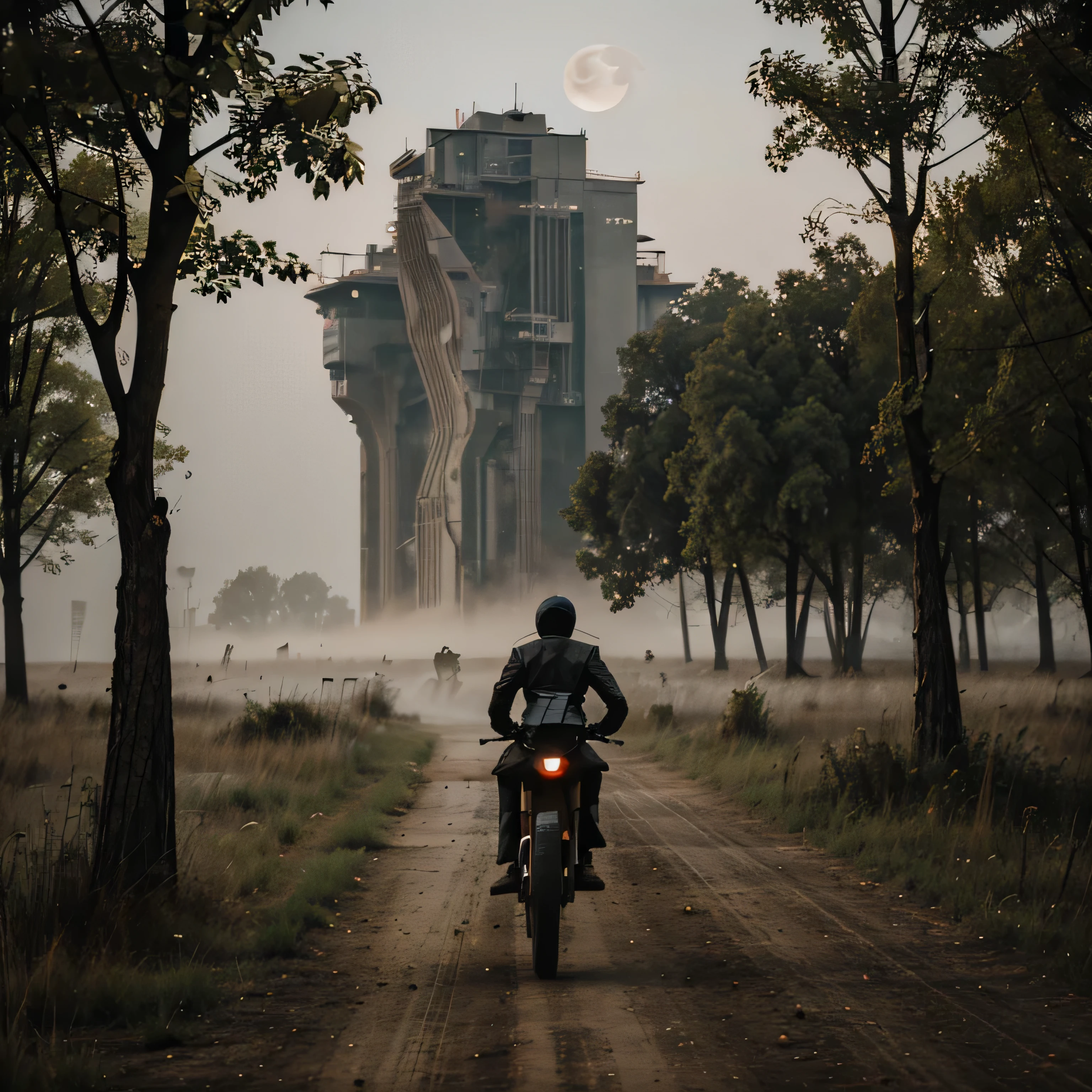 realistic dangerious human and avater , night , nature, fly, little fog, dust, riding, moon, trees, fogg, thunders, and scaring, plus adorable