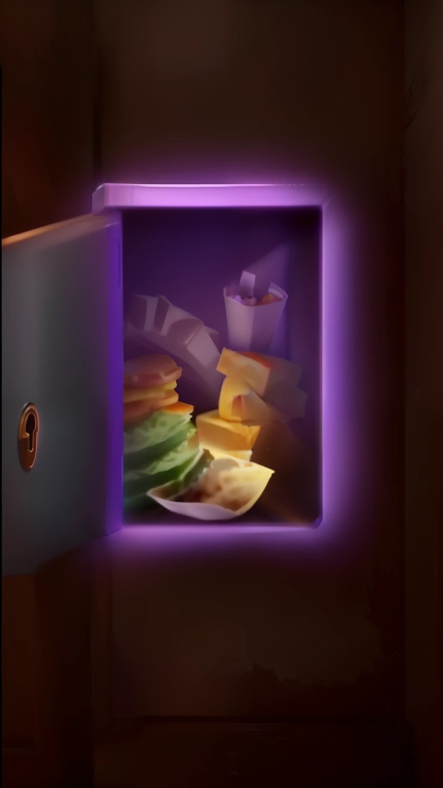 A small box with food has a purple light inside it, loot box, There is bread in the trough, Screenshots, dome, YouTube thumbnails, epic composition, lockbox, Place sliced bread into slot, Thanos eating a Big Mac, Rendering in Pixar, Zootopia concept art, food 4k, Pixar screenshot, cutscene clip