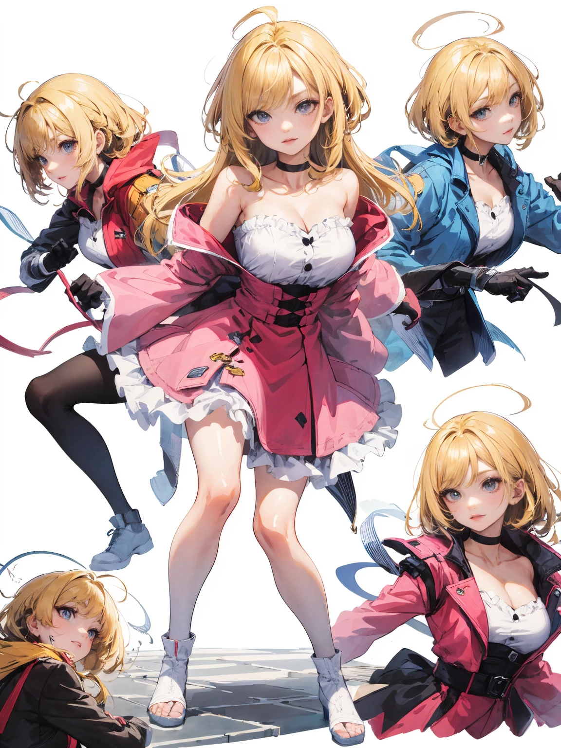 (((masterpiece))),best quality, [(white background:1.5)::5], (isometric:1.1), 1 woman, big breasts, blue eyes, very long hair, blonde hair, long blonde hair, side sweep bangs, pink choker, strapless pink dress, fighting stance