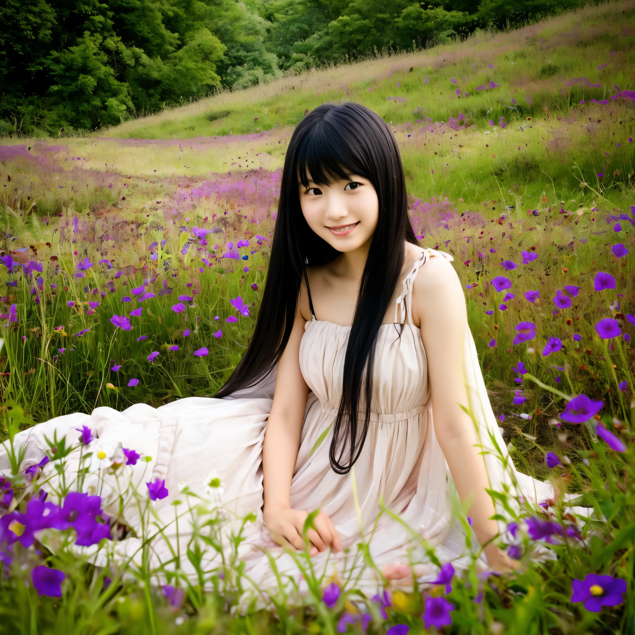 ((masterpiece, highest quality))
Persona4 Yukiko Amaki, 1 girl, alone, long hair, black hair, brown eyes, in the wildflower field, wearing flowing dress, smile