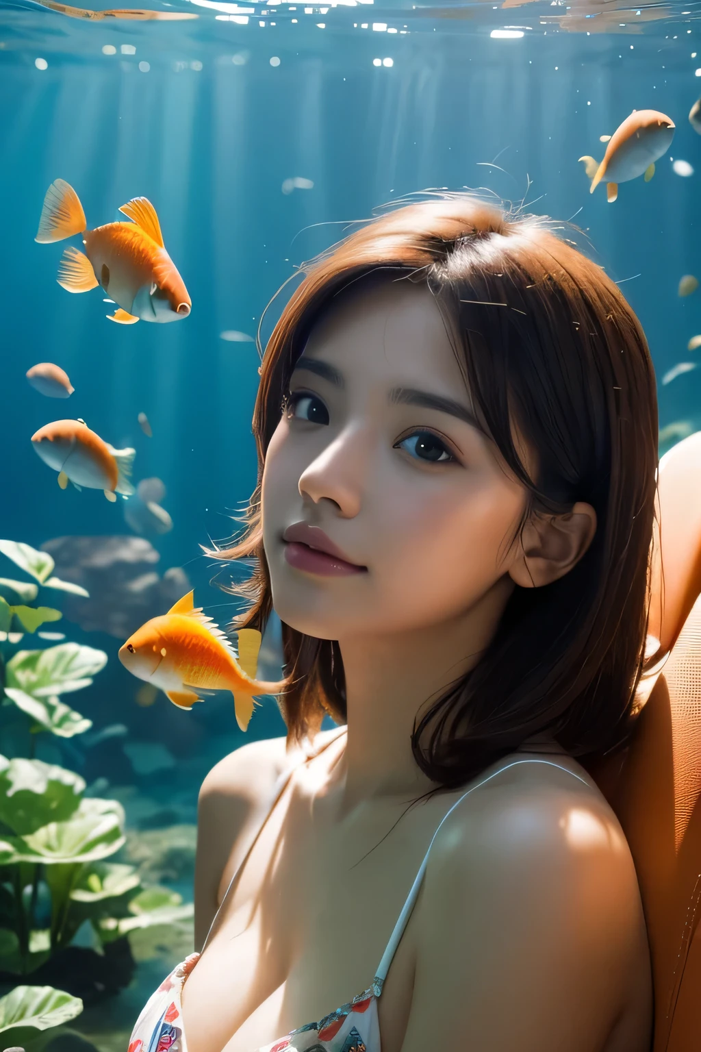 Latin American girl in car surrounded by flowers and goldfish,orange short hair,Renzi Design,Goldfish Can Fly,50 goldfish,There are a lot of petals,Natural gestures,Detailed beautiful face,(High resolution detail of hair texture),Body stretching,resort style, blues and energy,Simulated goldfish flying in the air,Fantasy high-quality photography,rich and colorful,underwater scene,Shot on XT4,photography style,Light effect,Ray tracing,sunlight reflections,There is light on the face,masterpiece,