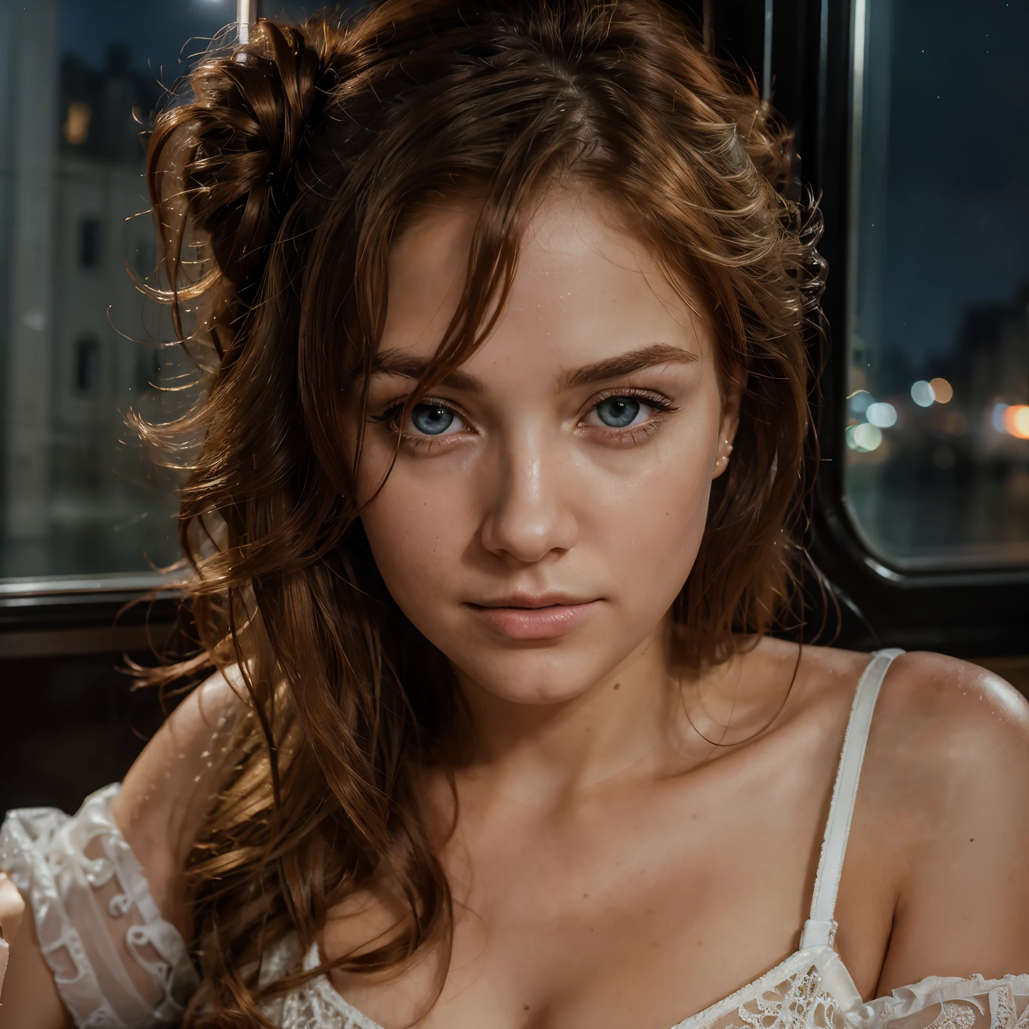 RAW uhd portrait of 24-year-old blonde close-up, Natural red hair, castles, Wavy, (brown-eyed woman) sitting by the window in the early morning, dressed in a very elegant and pretty dress, on an old train, The background of the night of the city, (cutout), Detailed (textures!, Hair!, brightness, Color!, imperfections:1.1), High detail of light eyes, (looking at the camera), specular lighting, dslr, ultra quality, sharp-focus, Sharp, Depth of field, Film grain, (centered), Fujifilm XT3, Crystal clear, The center of the frame, cute face, sharp-focus, lamp post, neon lights, bokeh, (dimly lit), Low key, in night, (night sky).